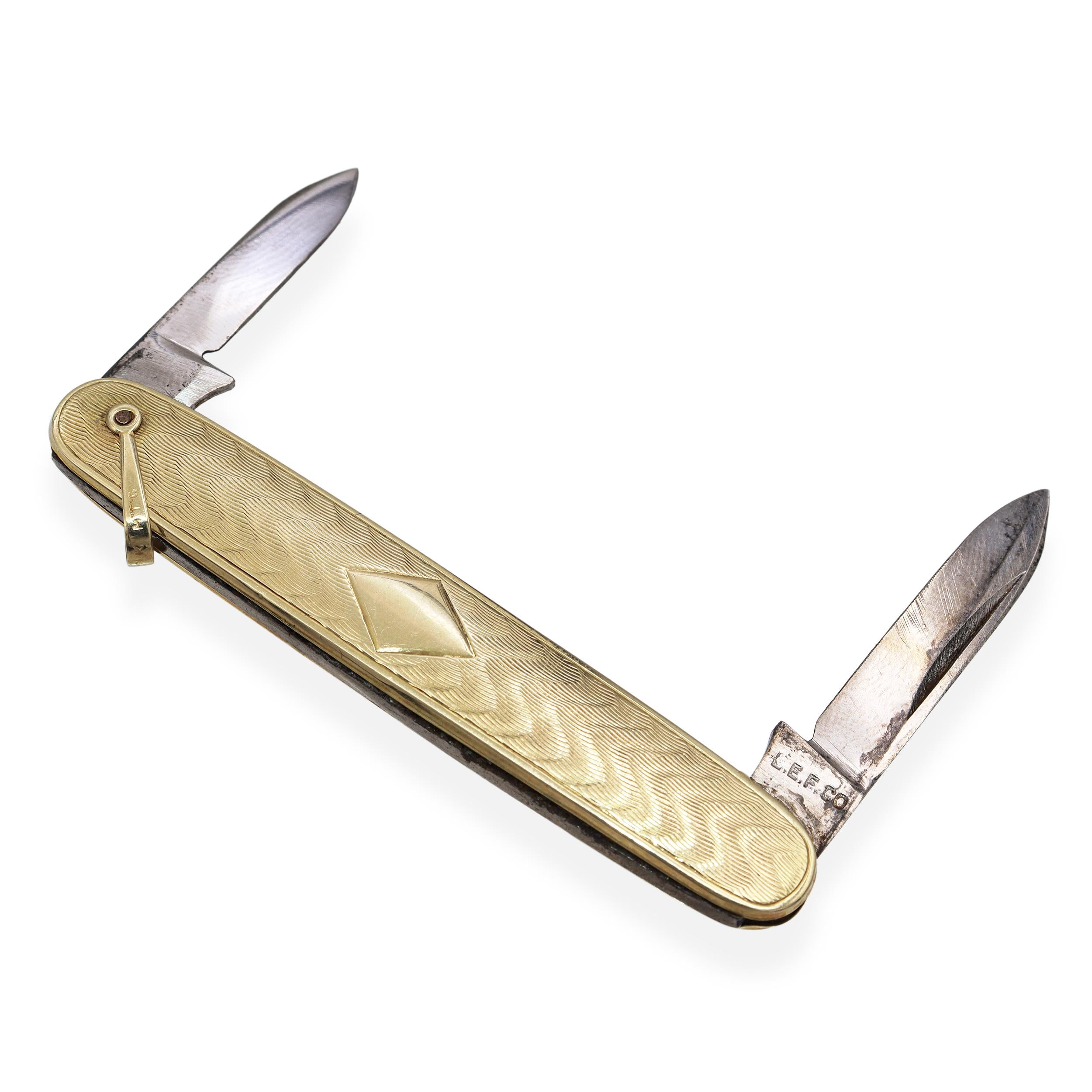 Vintage 10K Yellow Gold Engraved Handle & Dual Folding Blades Pocket Knife