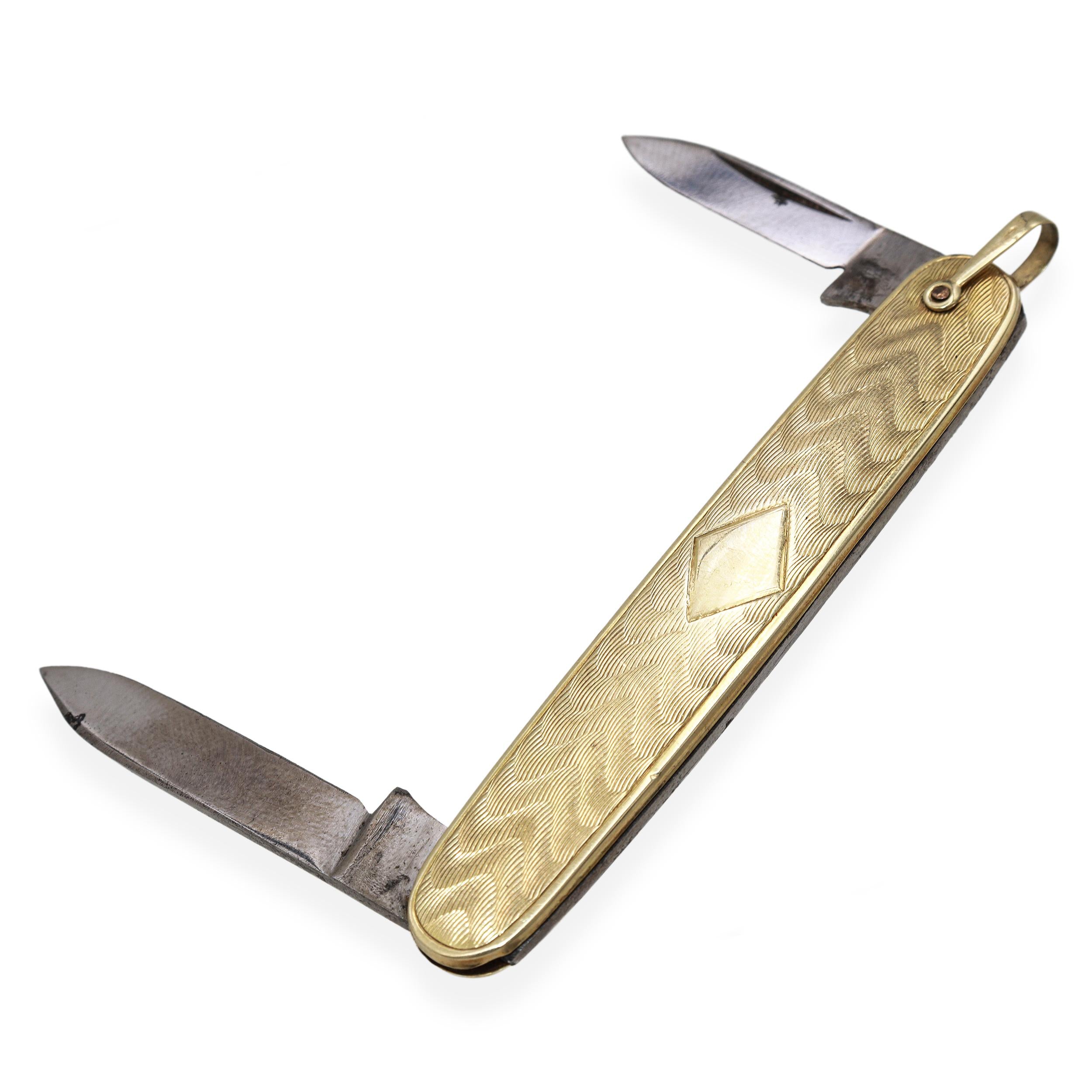 Vintage 10K Yellow Gold Engraved Handle & Dual Folding Blades Pocket Knife