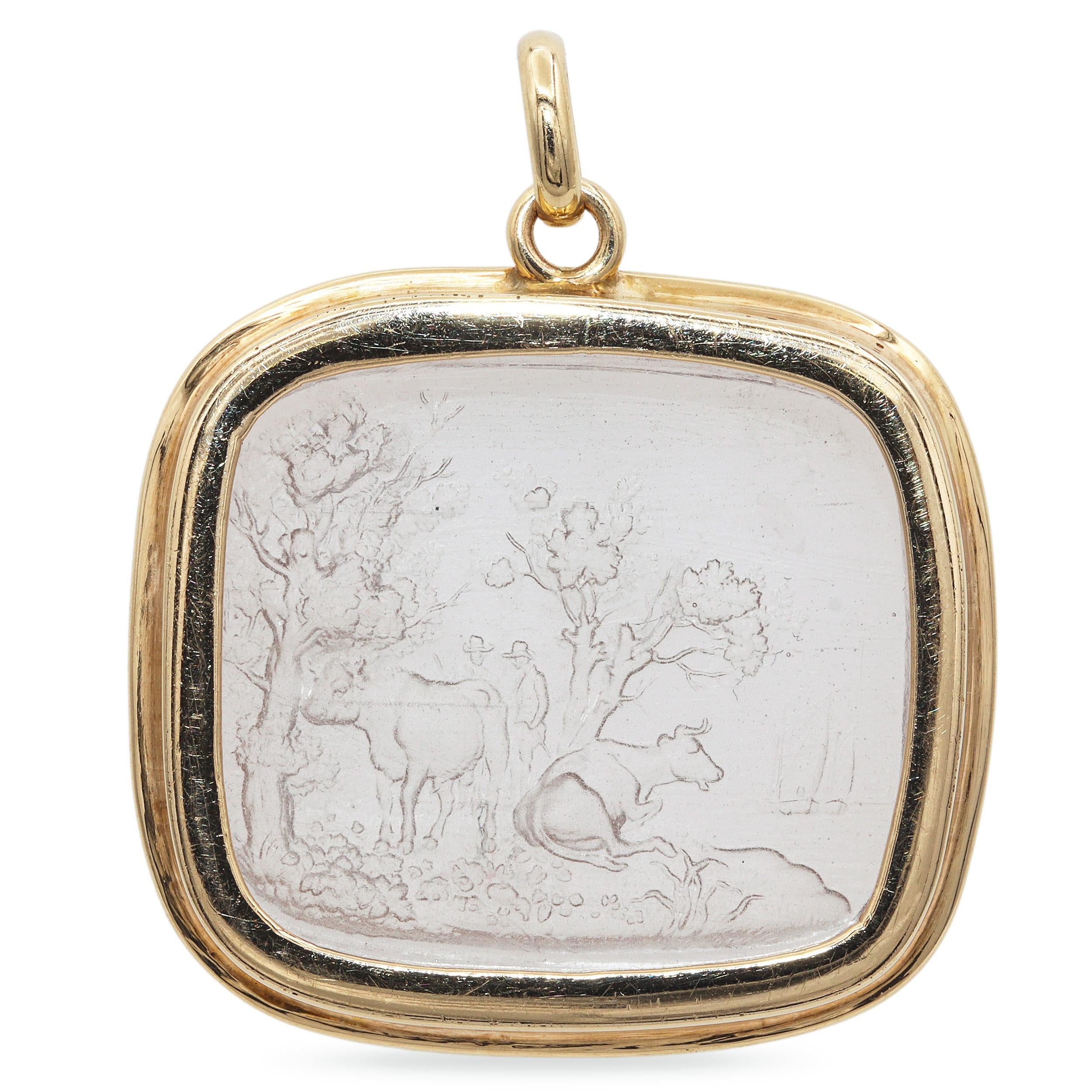 Vintage 14K Gold Mounted Tassie Glass Intaglio Pendant