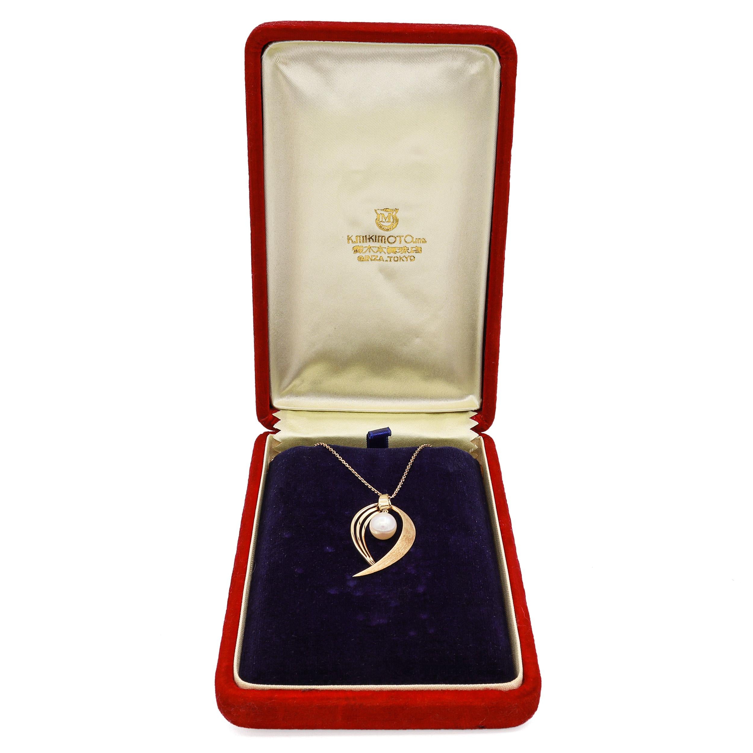 Vintage Mikimoto 14K Yellow Gold Pearl Pendant Necklace