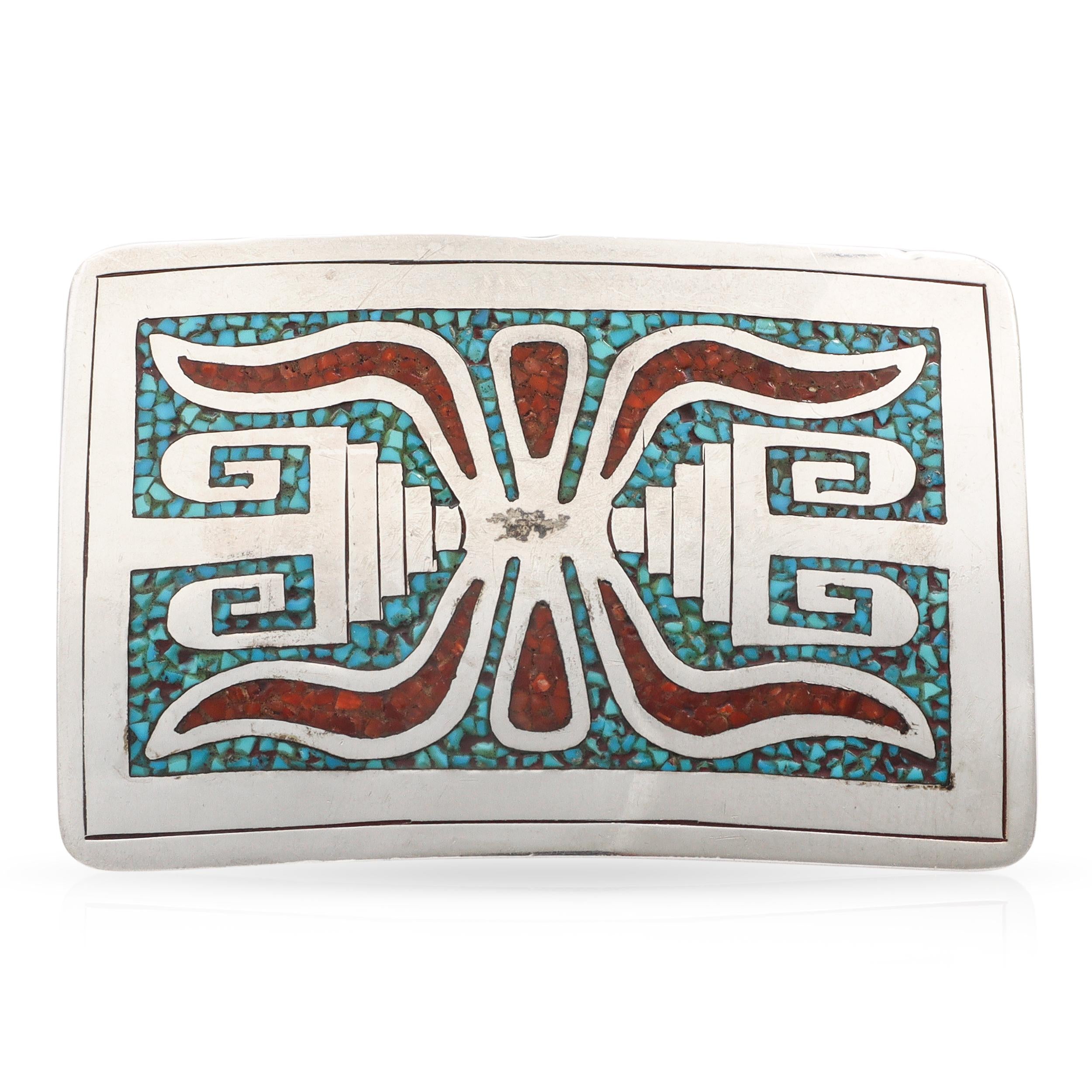 Vintage Native American Southwest Sterling Silver Multi-Stone Inlay Belt Buckle