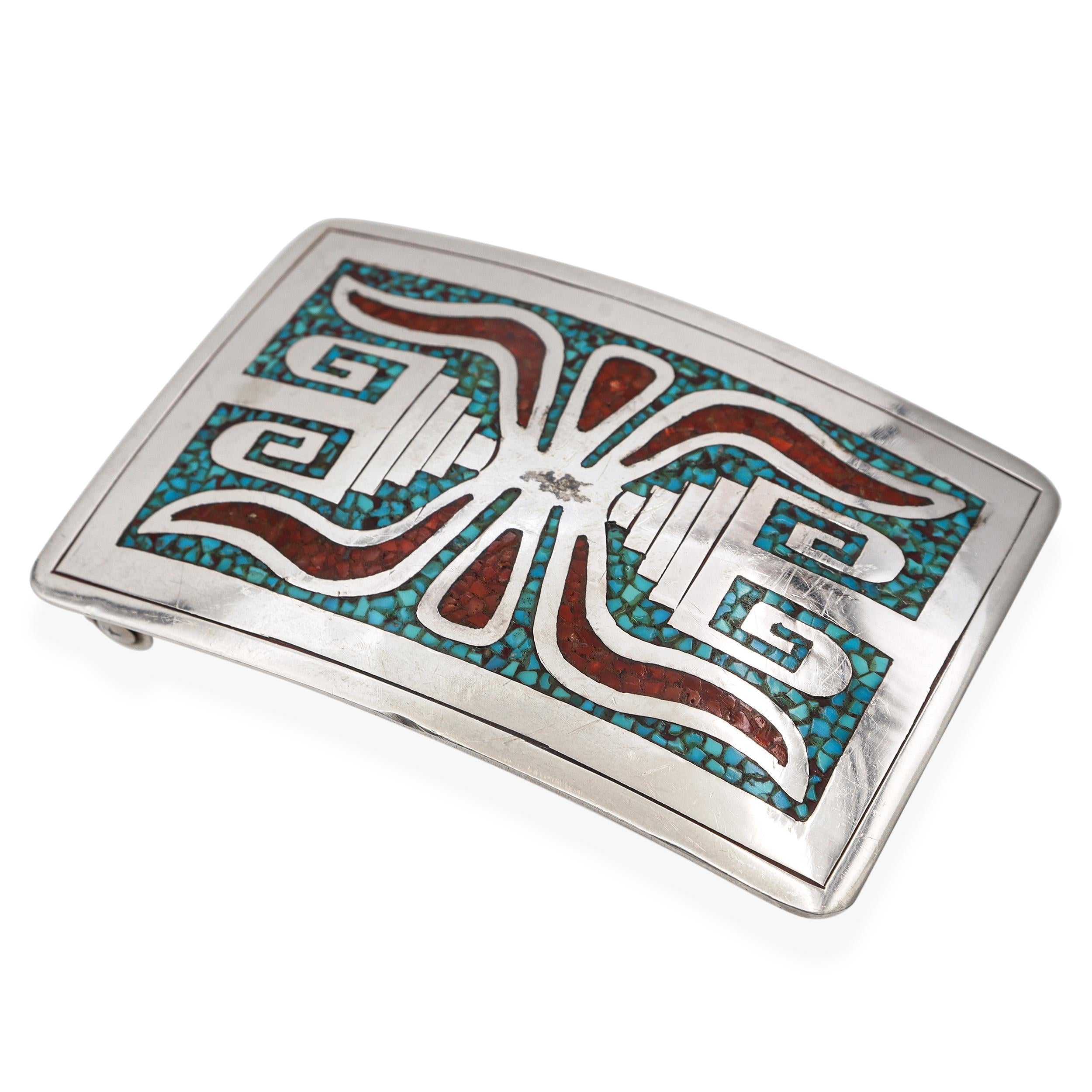 Vintage Native American Southwest Sterling Silver Multi-Stone Inlay Belt Buckle