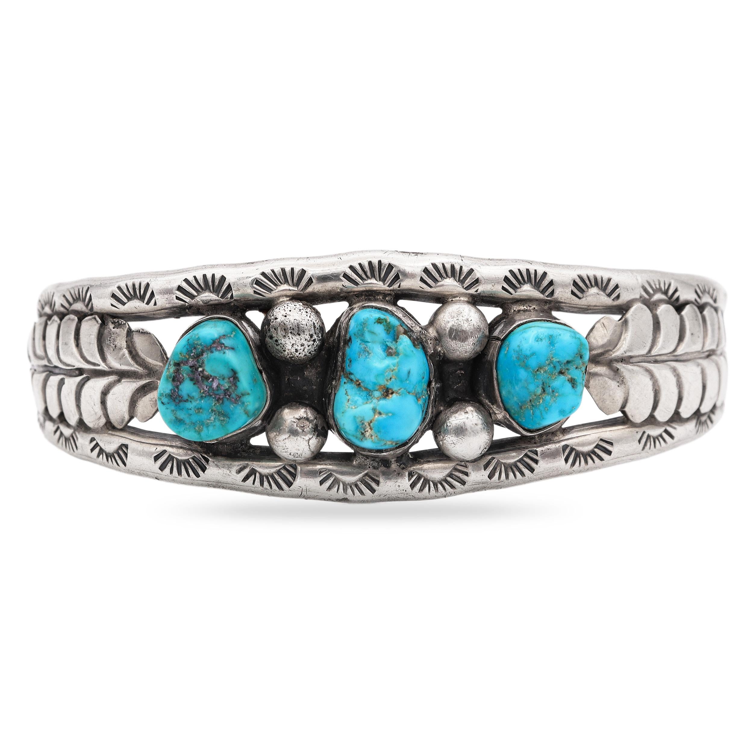 Vintage Native American Southwestern Sterling Silver Turquoise Cuff Bracelet