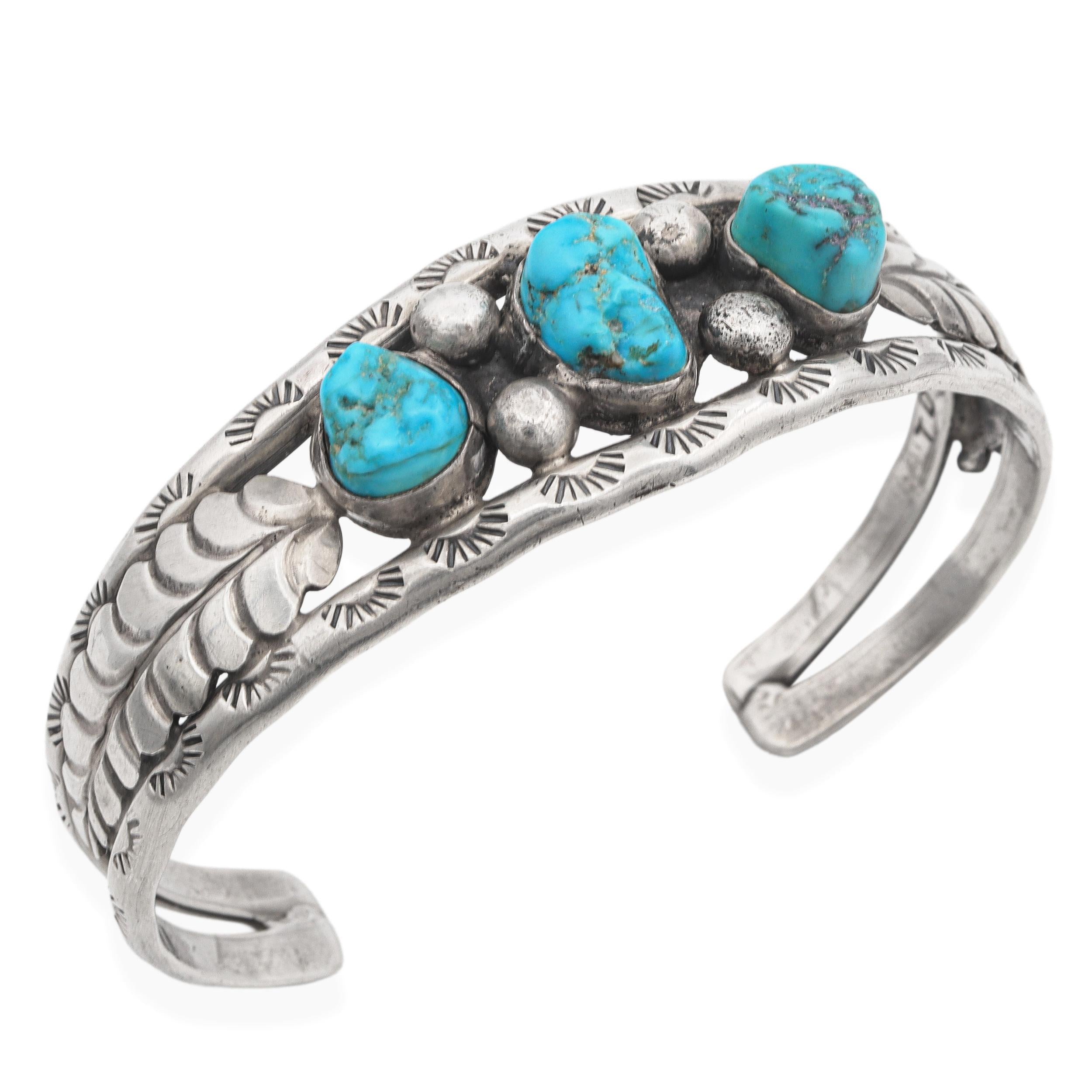 Vintage Native American Southwestern Sterling Silver Turquoise Cuff Bracelet