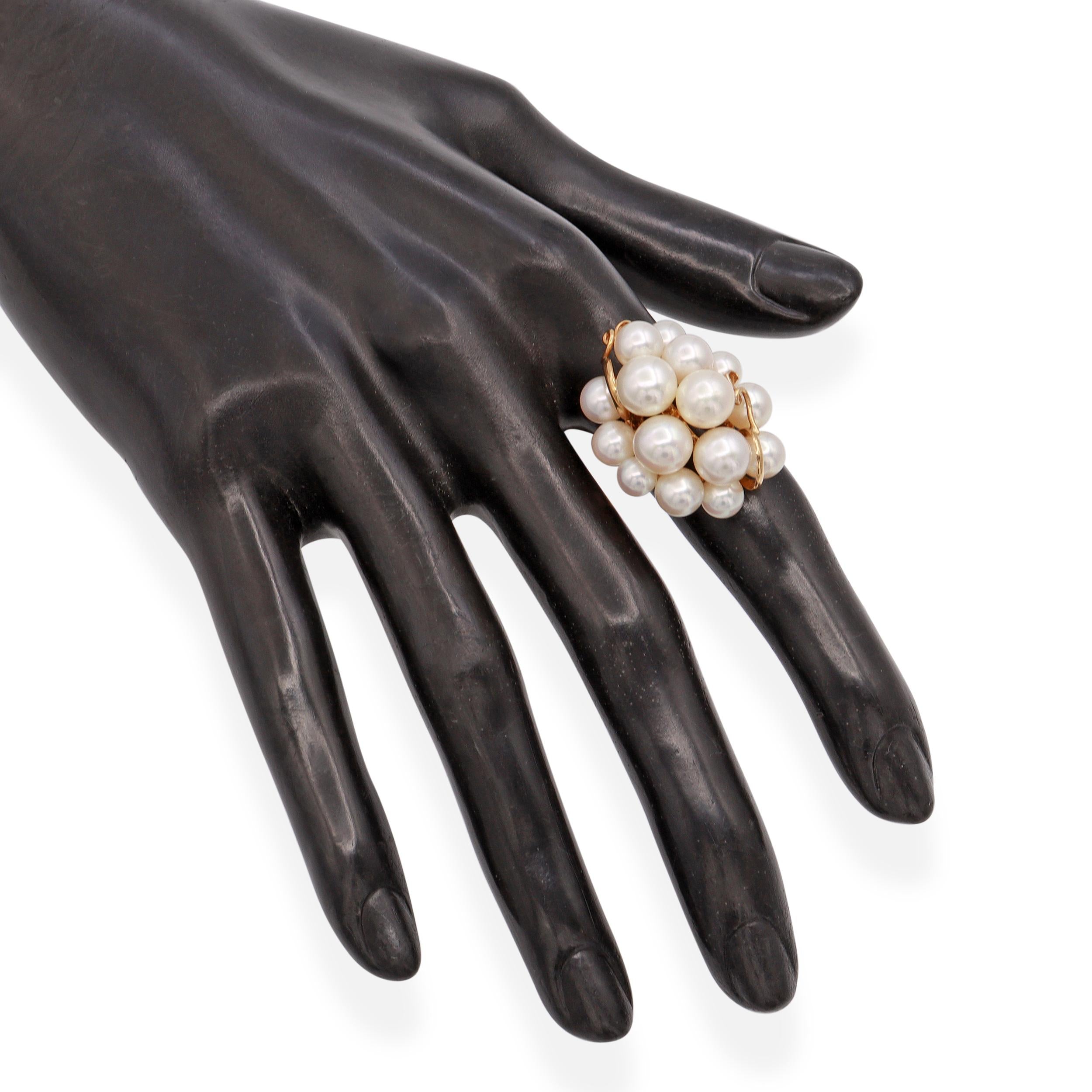 Vintage 14K Yellow Gold Akoya Pearl Cluster Cocktail Ring