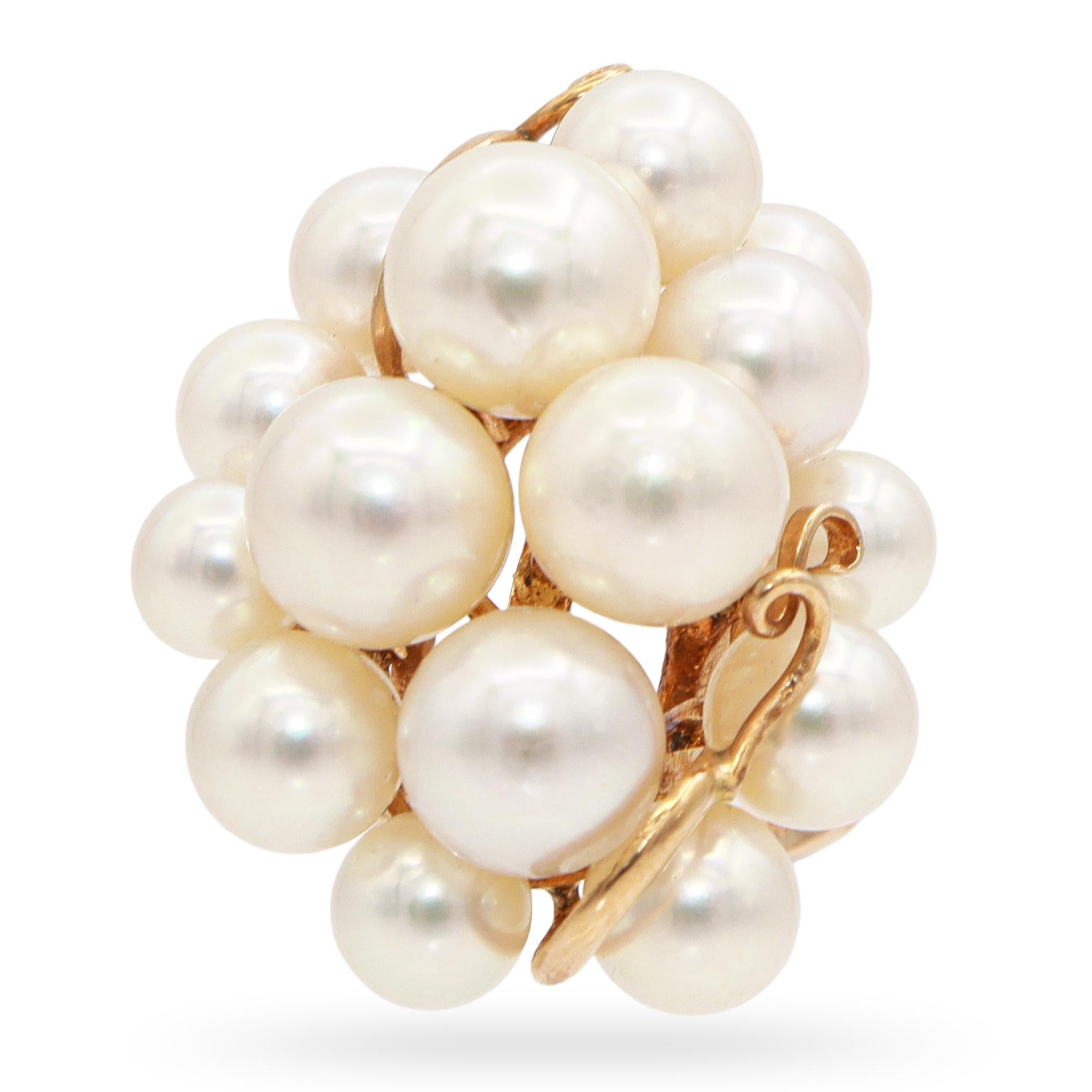 Vintage 14K Yellow Gold Akoya Pearl Cluster Cocktail Ring