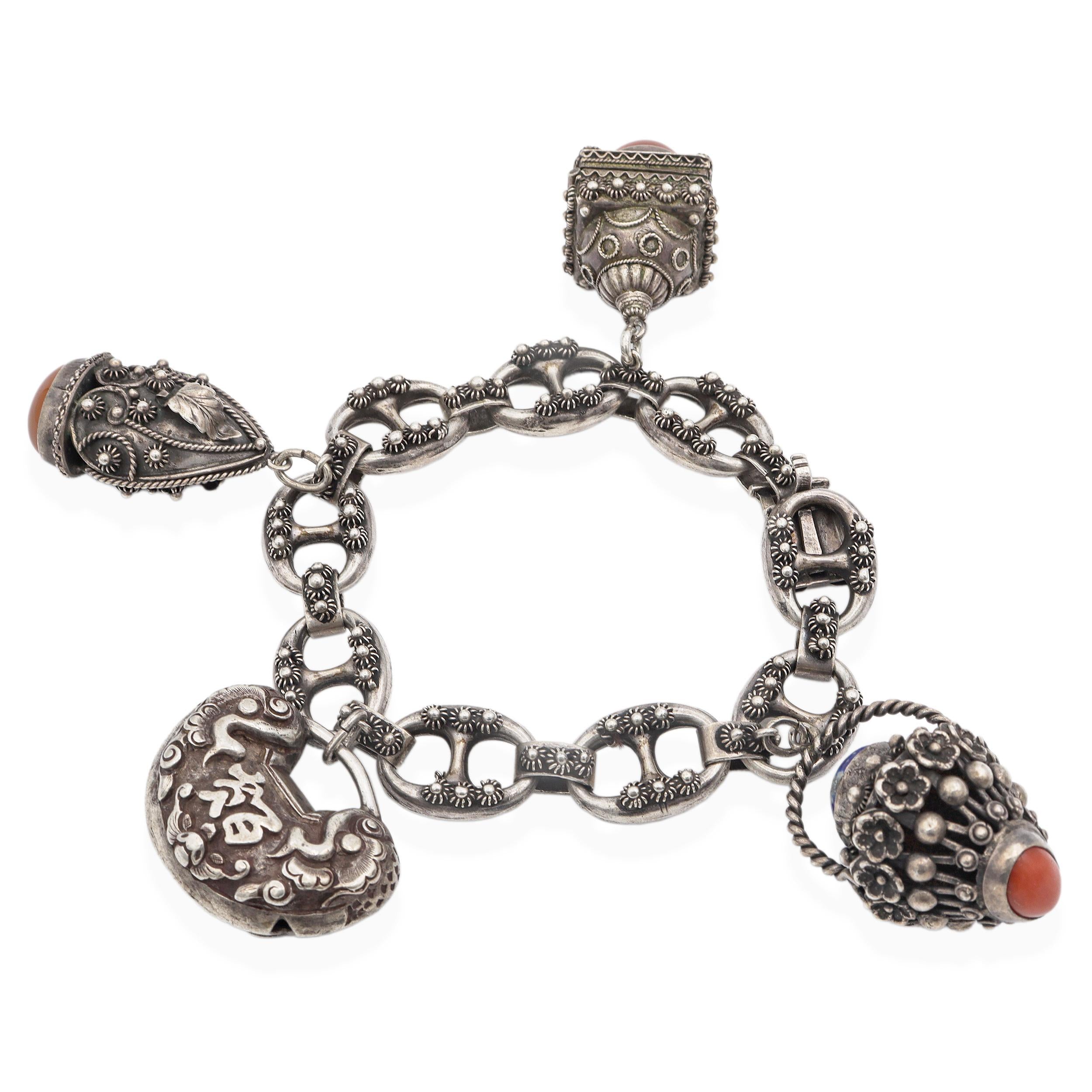 Antique Etruscan Revival 800 Silver Multi-Stone Charm Bracelet