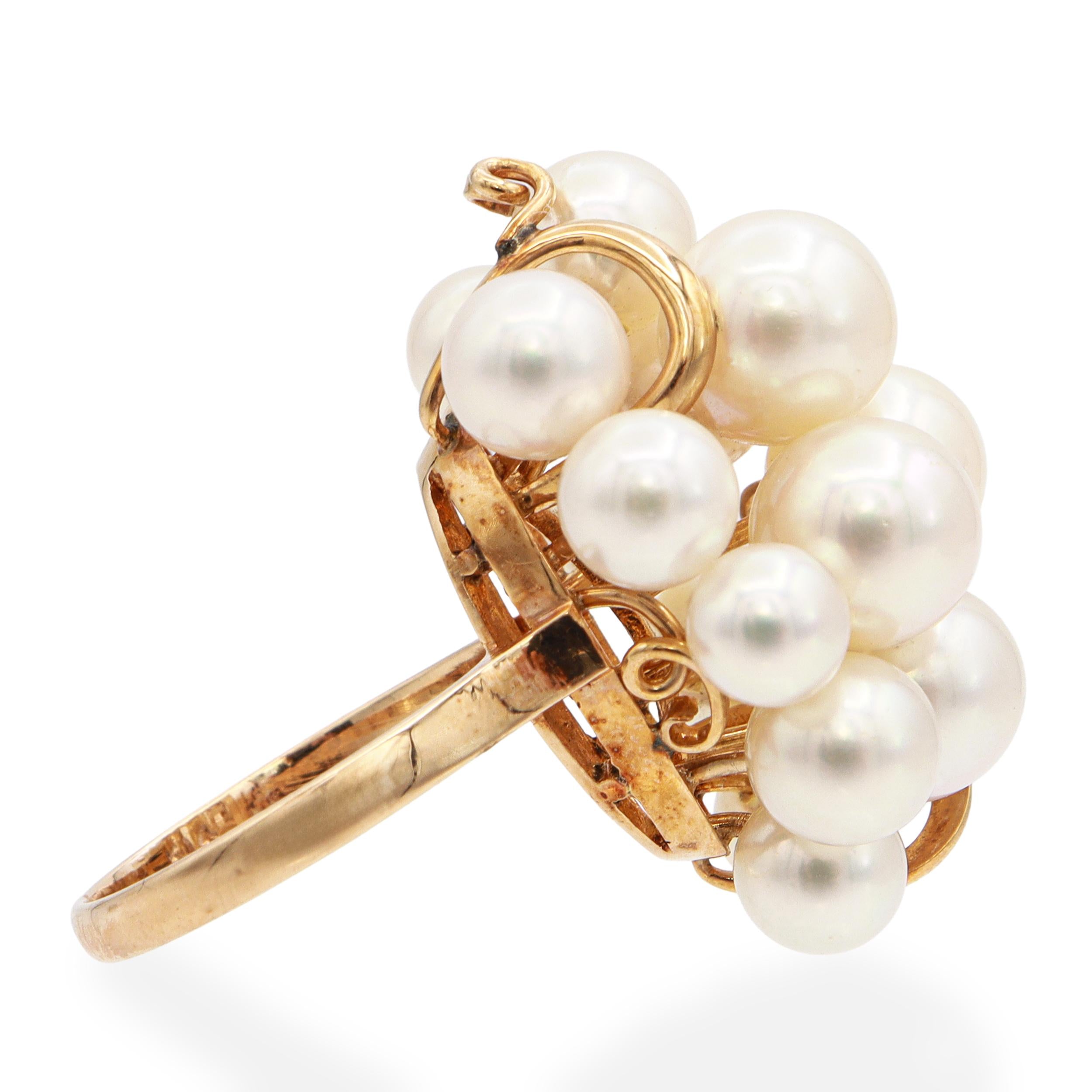 Vintage 14K Yellow Gold Akoya Pearl Cluster Cocktail Ring