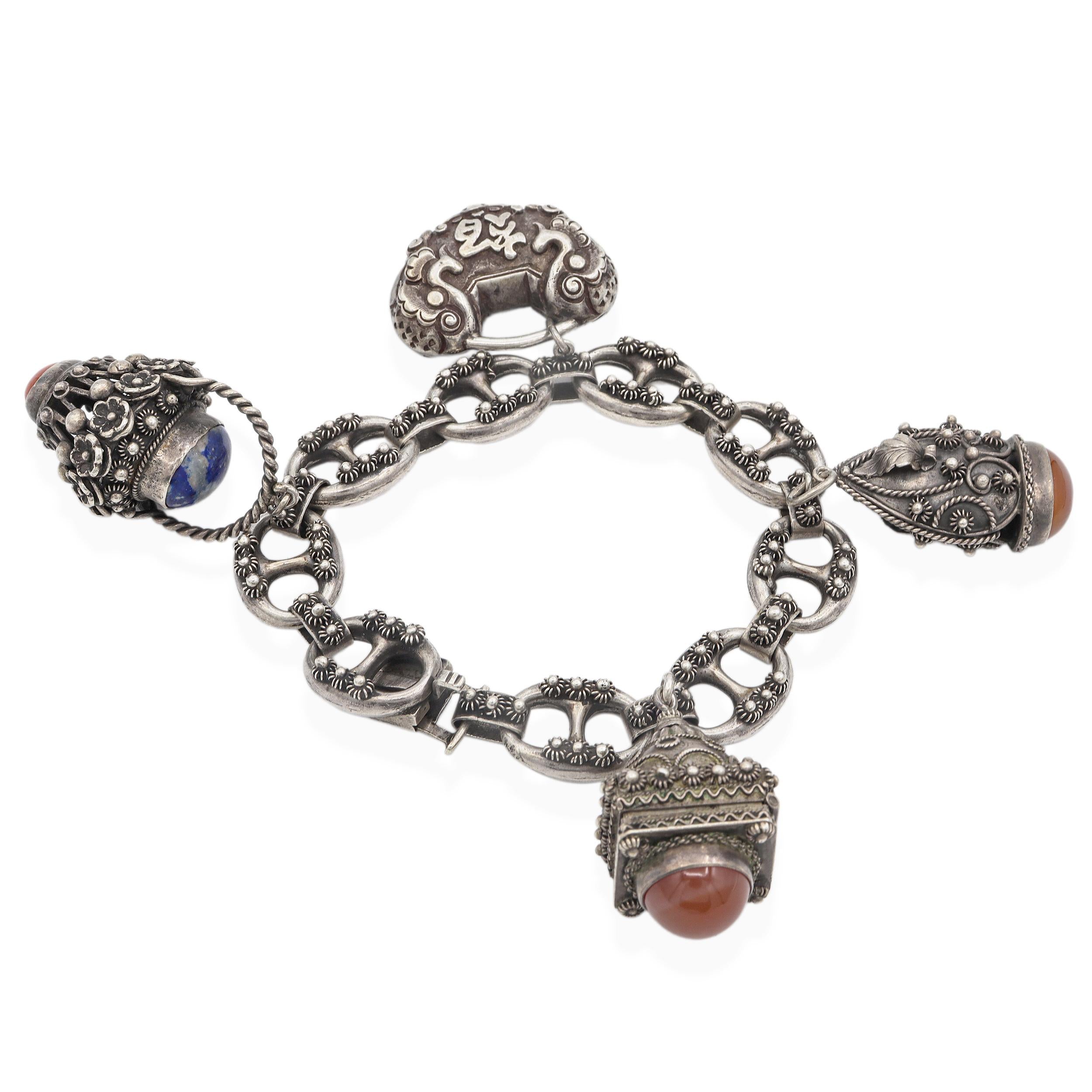 Antique Etruscan Revival 800 Silver Multi-Stone Charm Bracelet