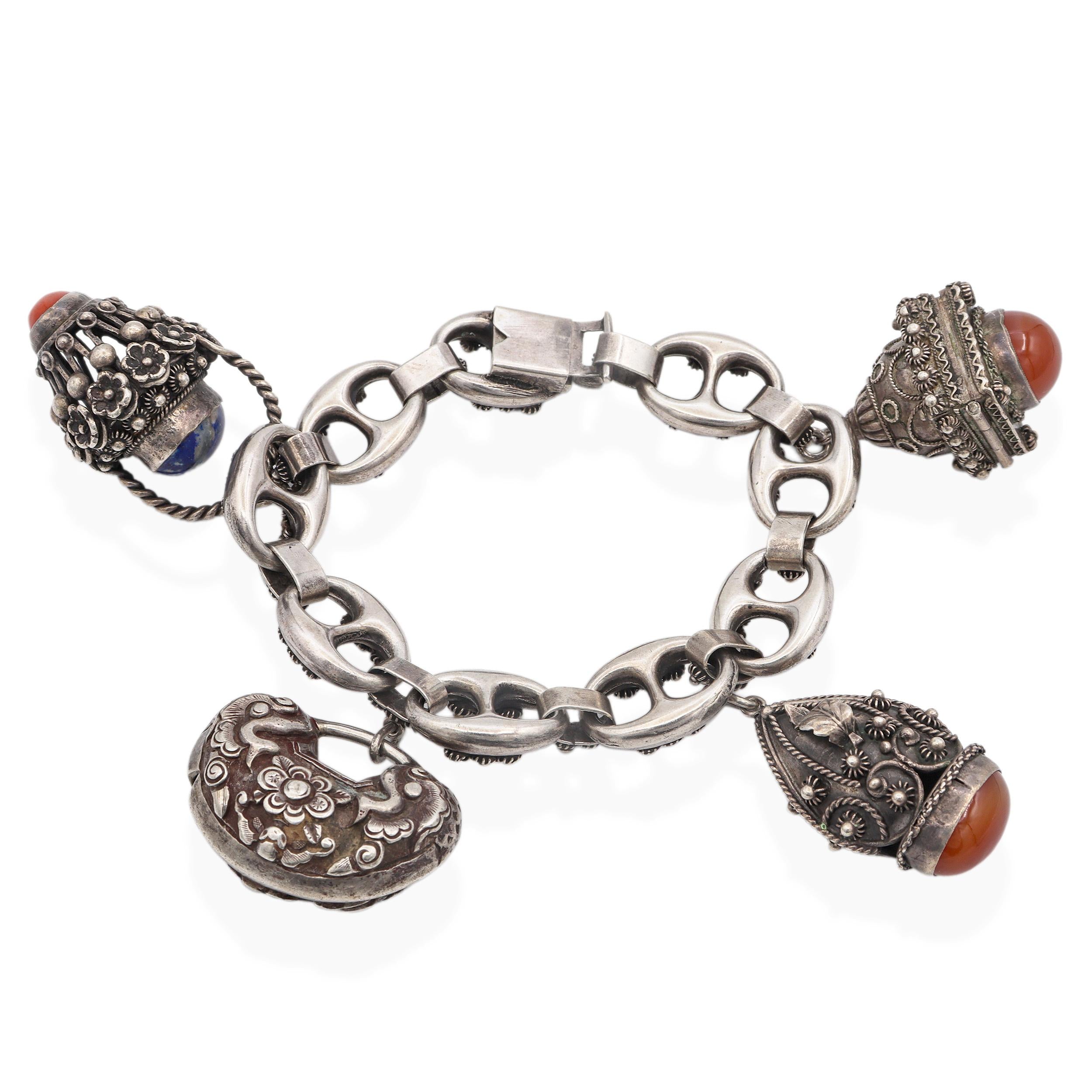 Antique Etruscan Revival 800 Silver Multi-Stone Charm Bracelet