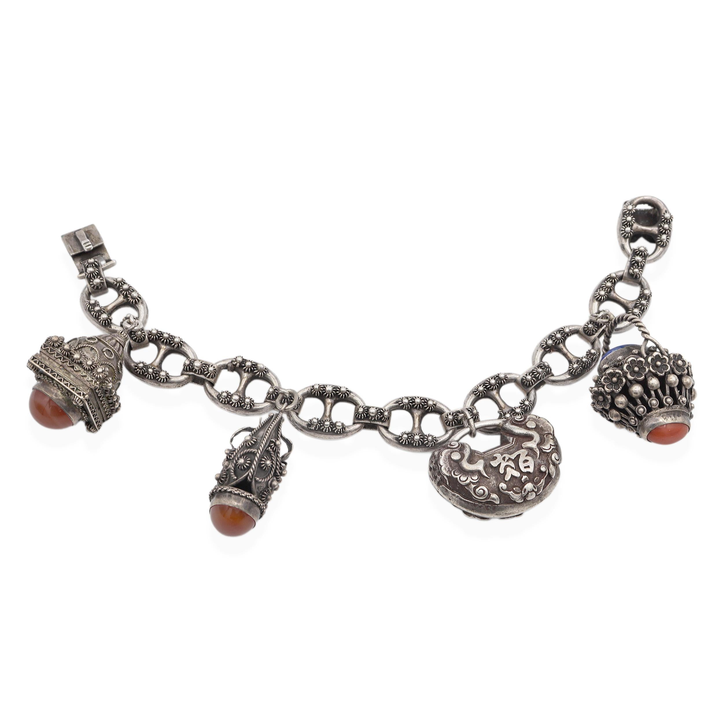 Antique Etruscan Revival 800 Silver Multi-Stone Charm Bracelet
