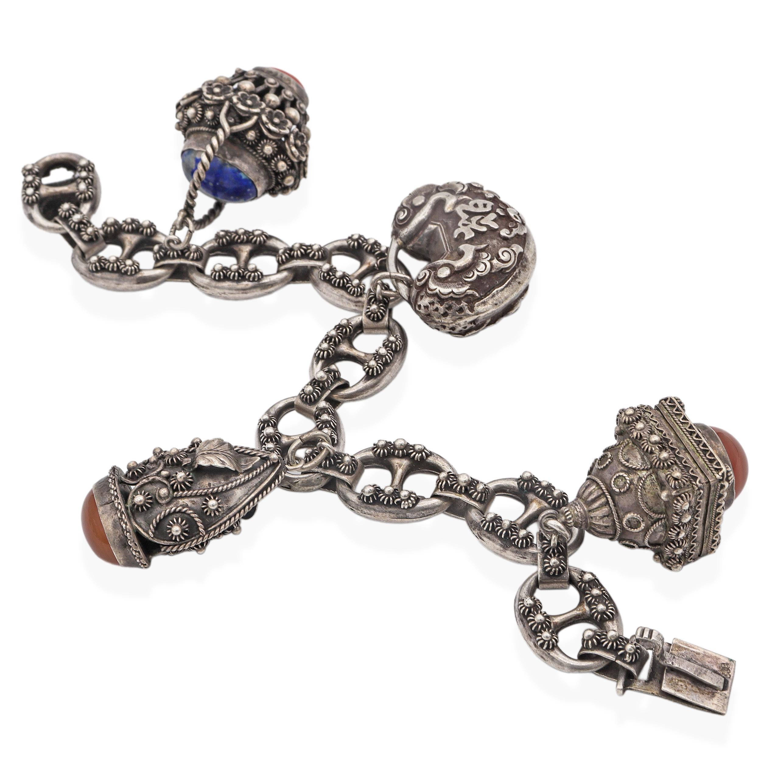 Antique Etruscan Revival 800 Silver Multi-Stone Charm Bracelet