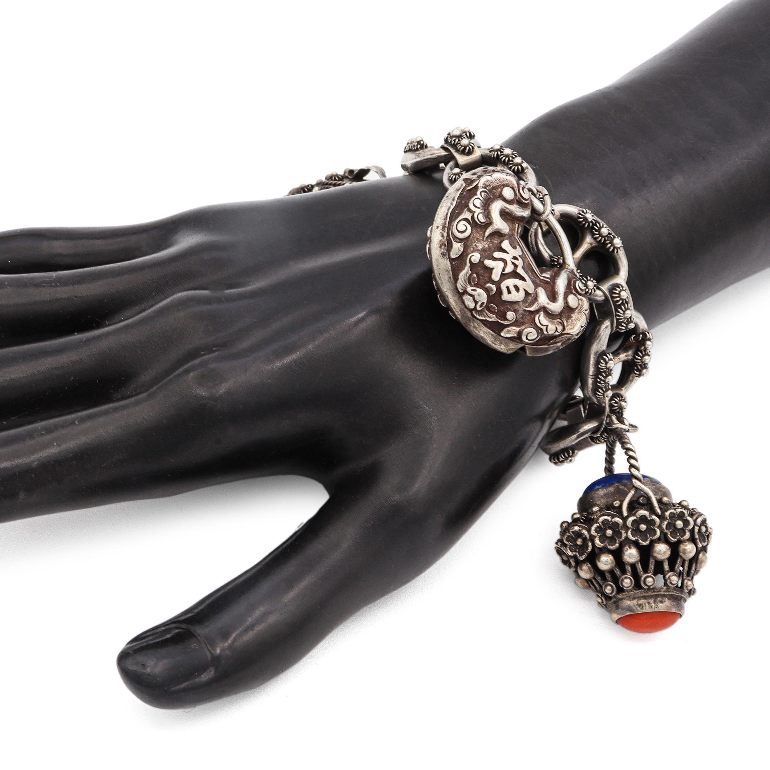 Antique Etruscan Revival 800 Silver Multi-Stone Charm Bracelet