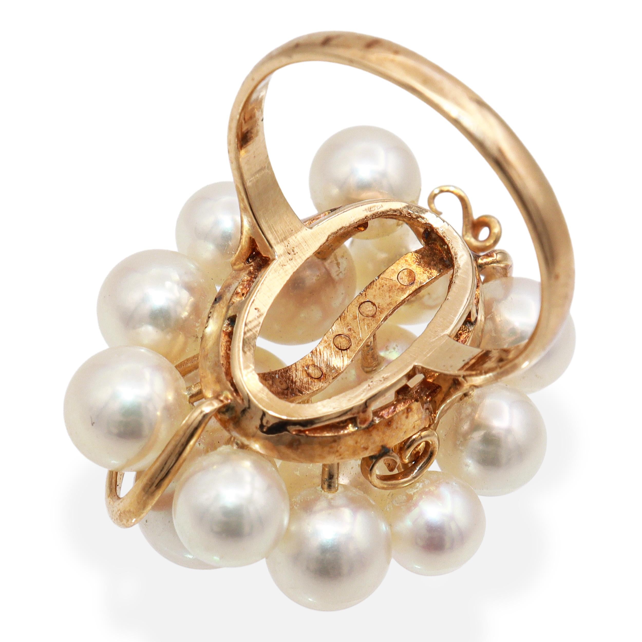 Vintage 14K Yellow Gold Akoya Pearl Cluster Cocktail Ring