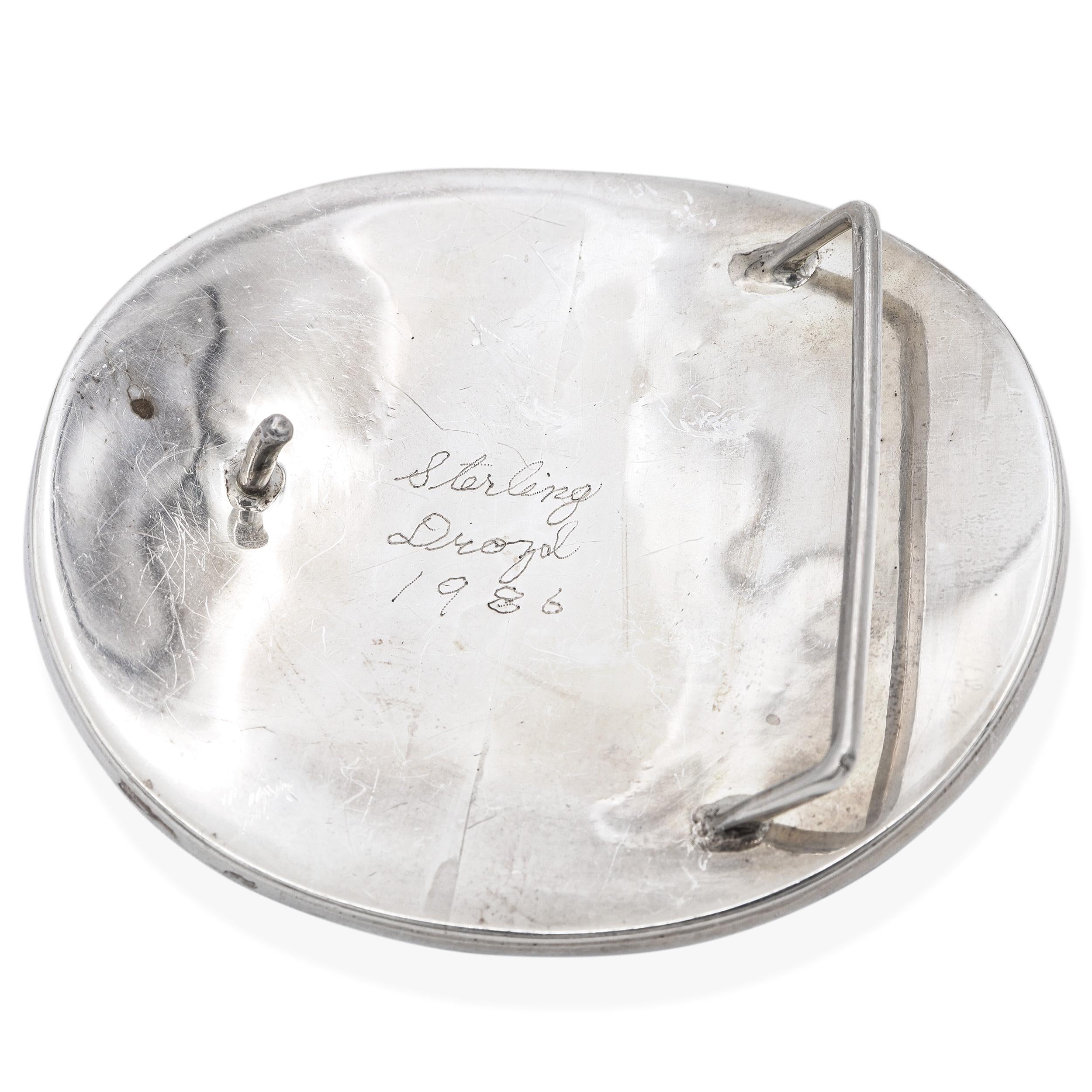 Vintage Southwestern Artist Signed Sterling Silver Turquoise Inlay Belt Buckle