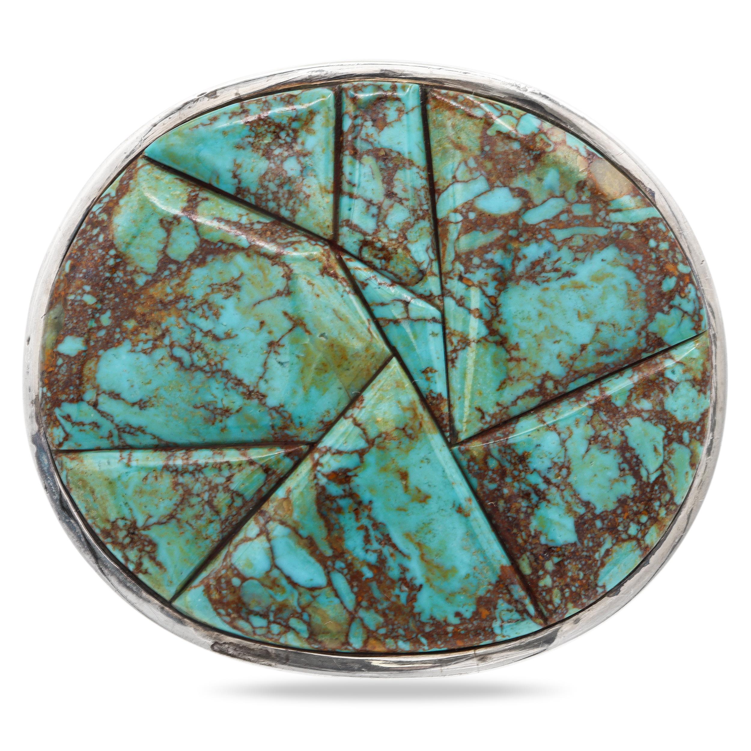 Vintage Southwestern Artist Signed Sterling Silver Turquoise Inlay Belt Buckle