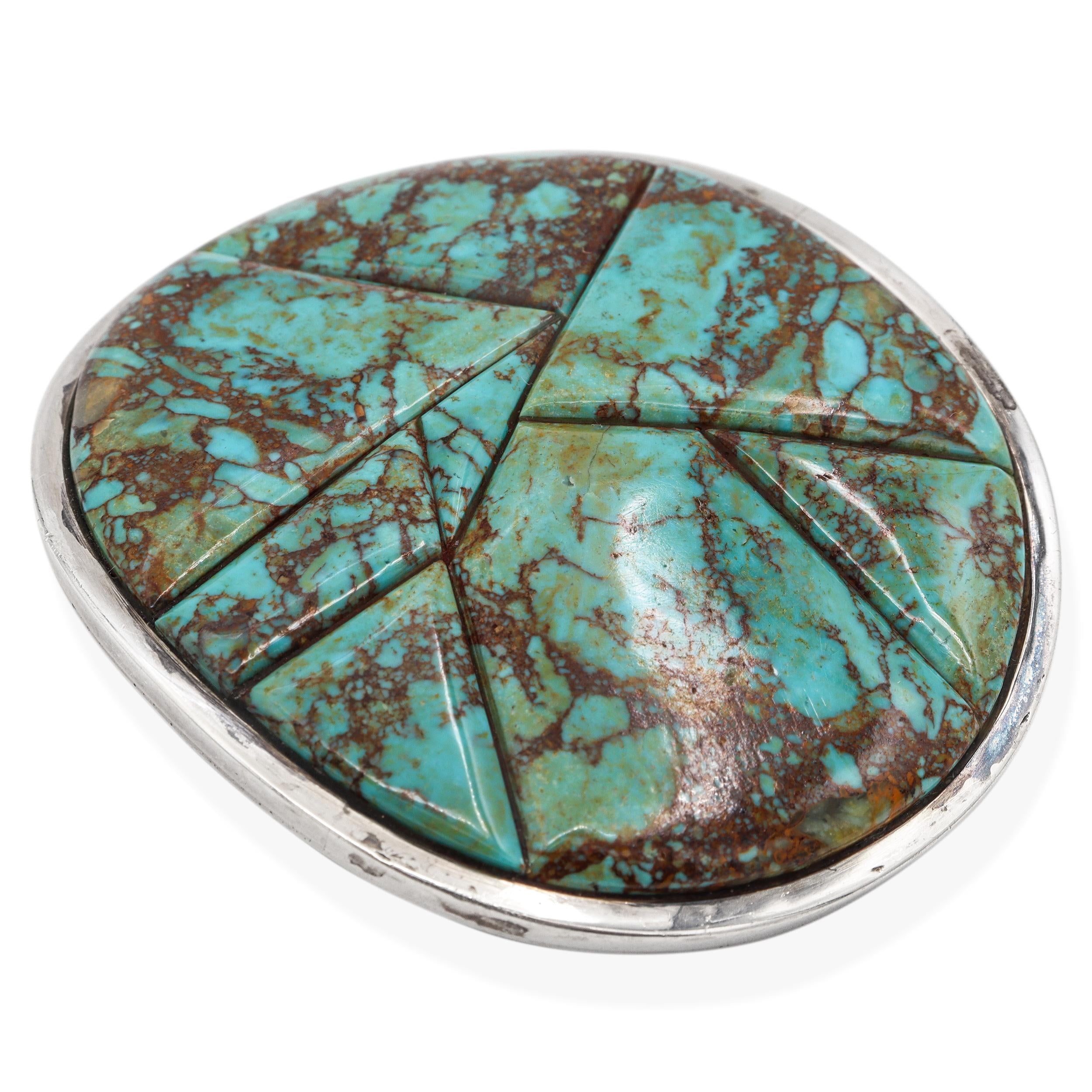 Vintage Southwestern Artist Signed Sterling Silver Turquoise Inlay Belt Buckle