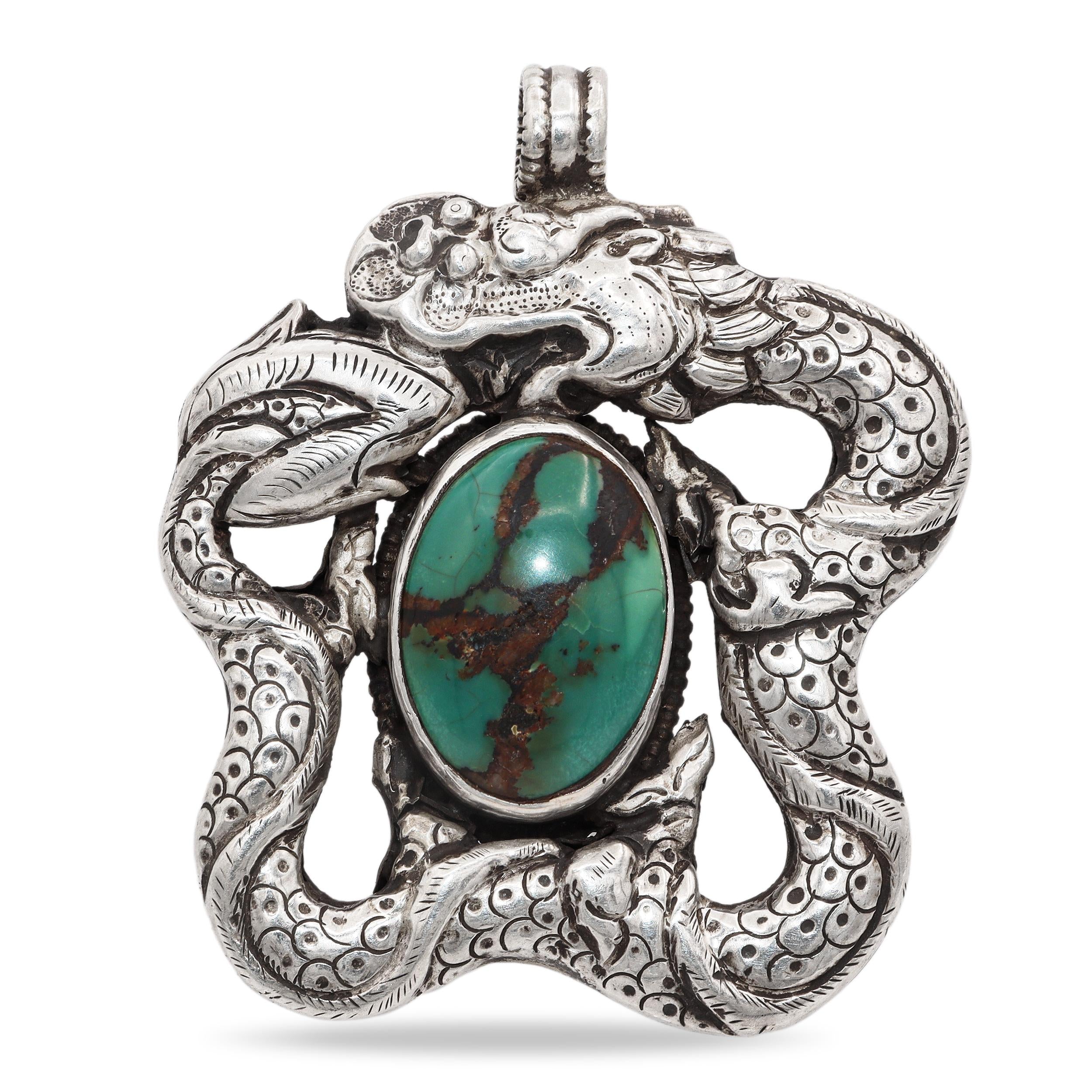 Antique Tibetan Sterling Silver Turquoise Dragon Pendant