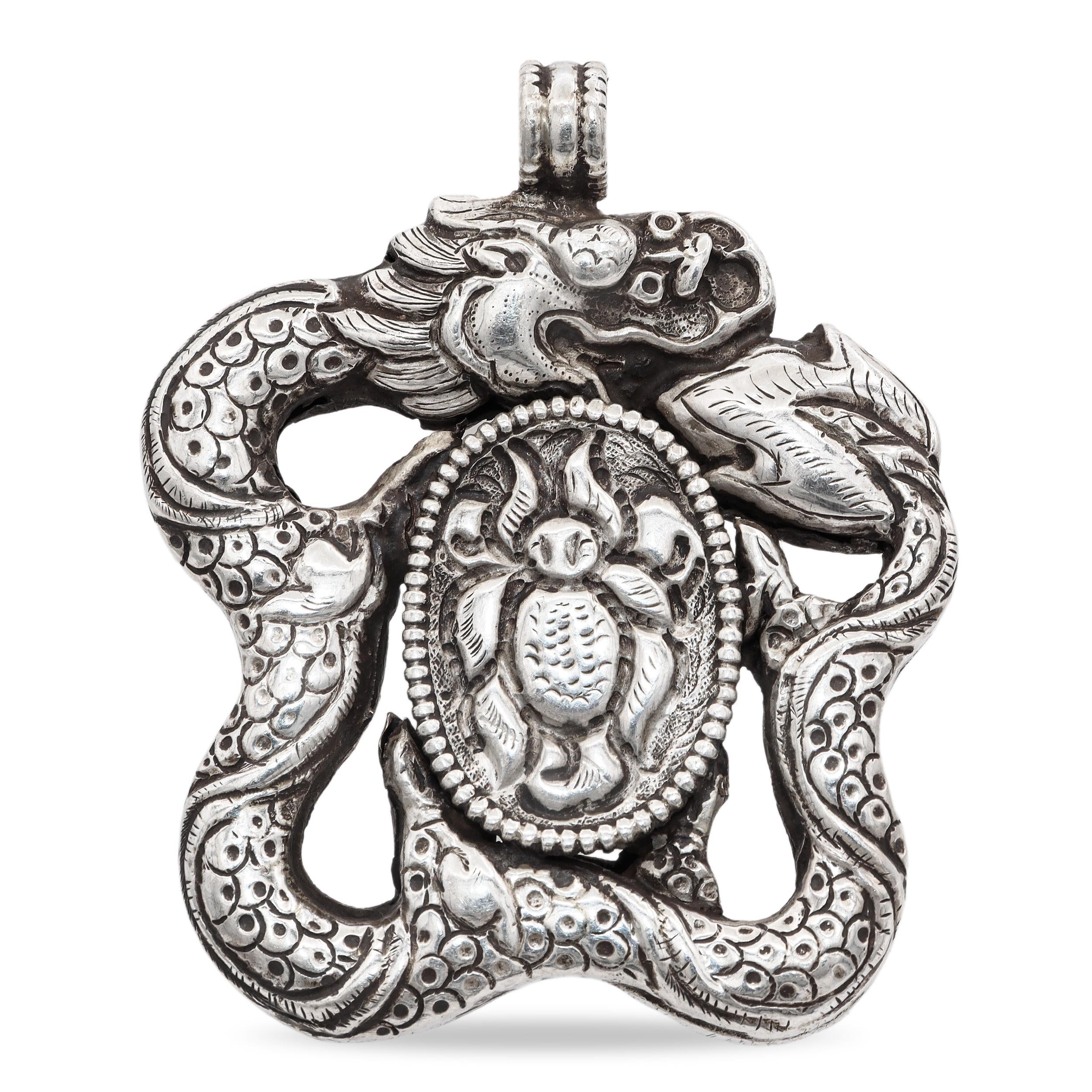 Antique Tibetan Sterling Silver Turquoise Dragon Pendant