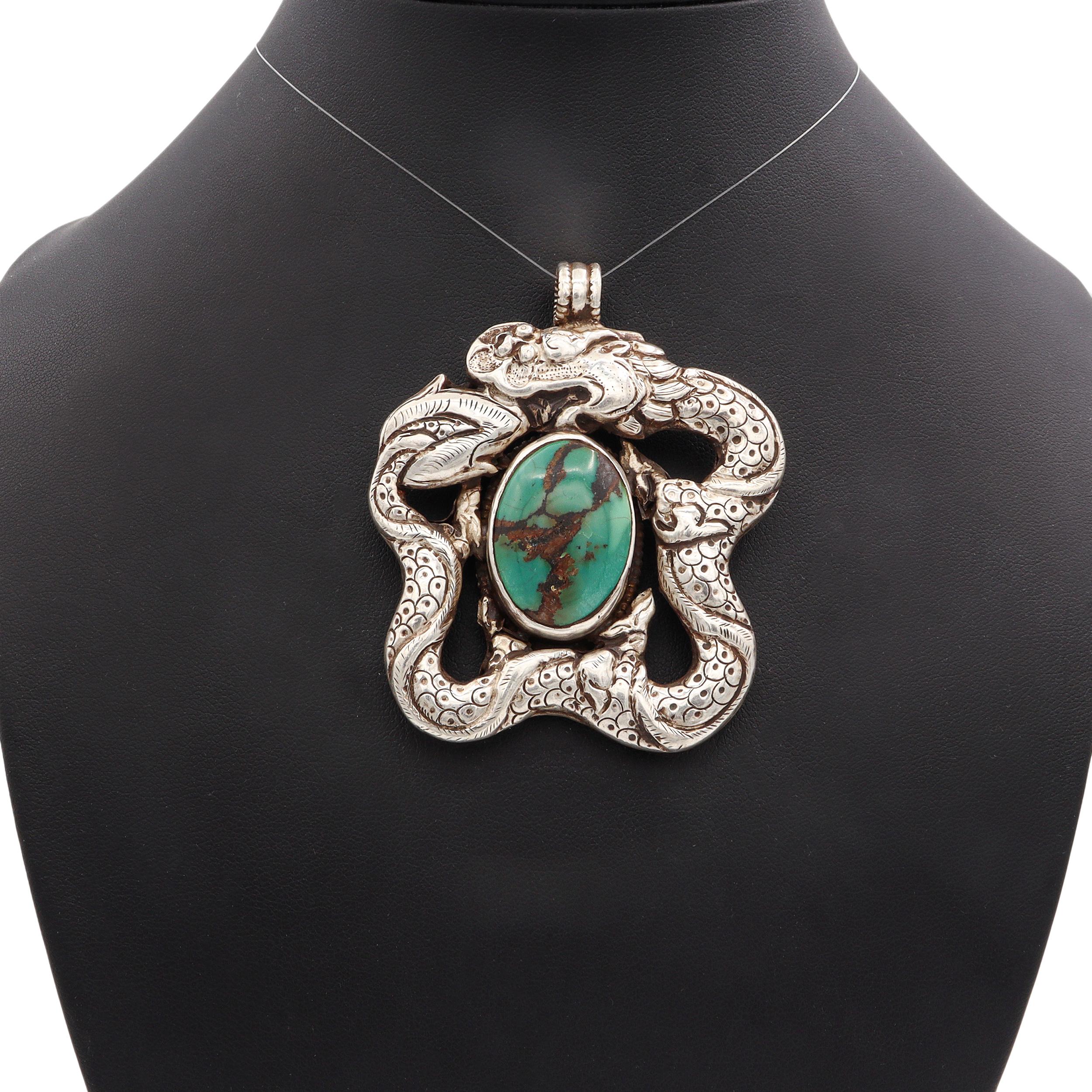 Antique Tibetan Sterling Silver Turquoise Dragon Pendant