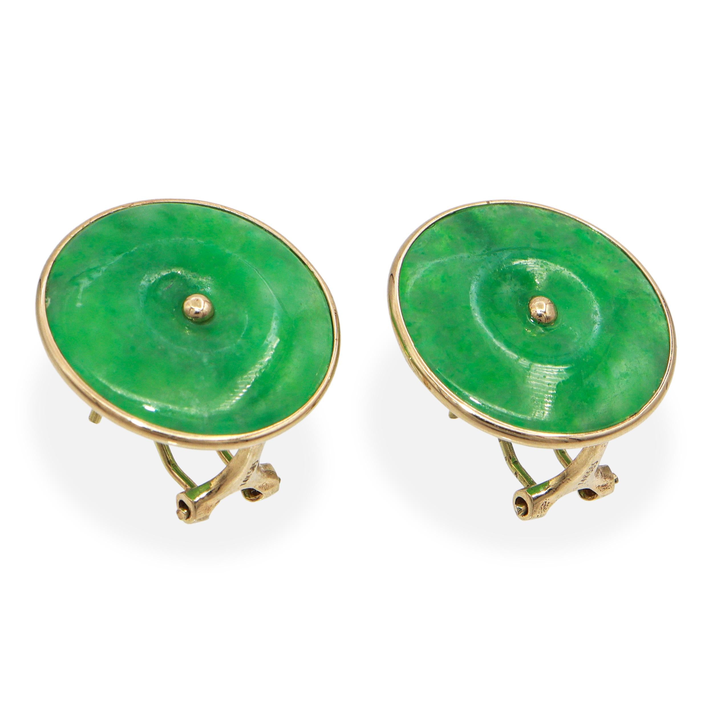 Vintage 14K Yellow Gold Green Jade Donut Earrings