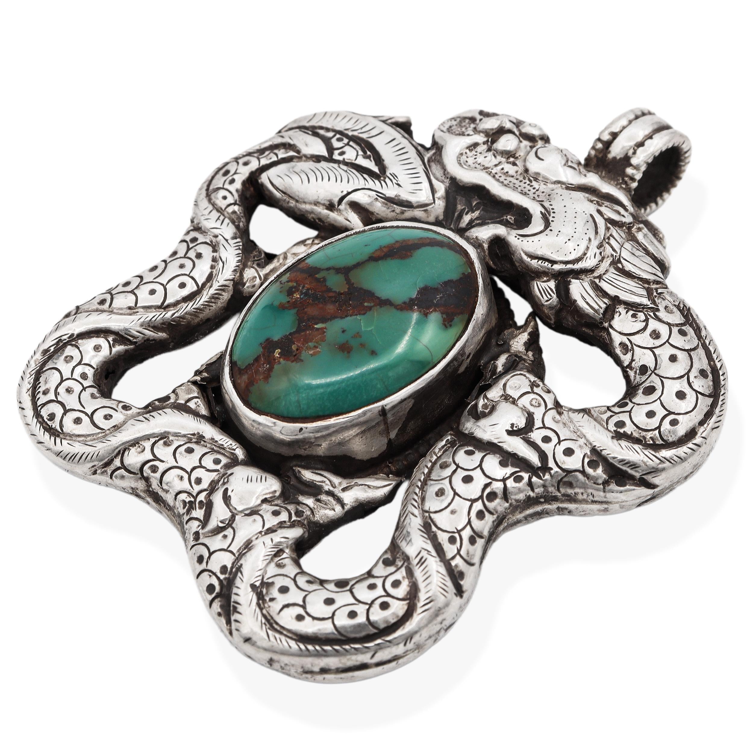 Antique Tibetan Sterling Silver Turquoise Dragon Pendant