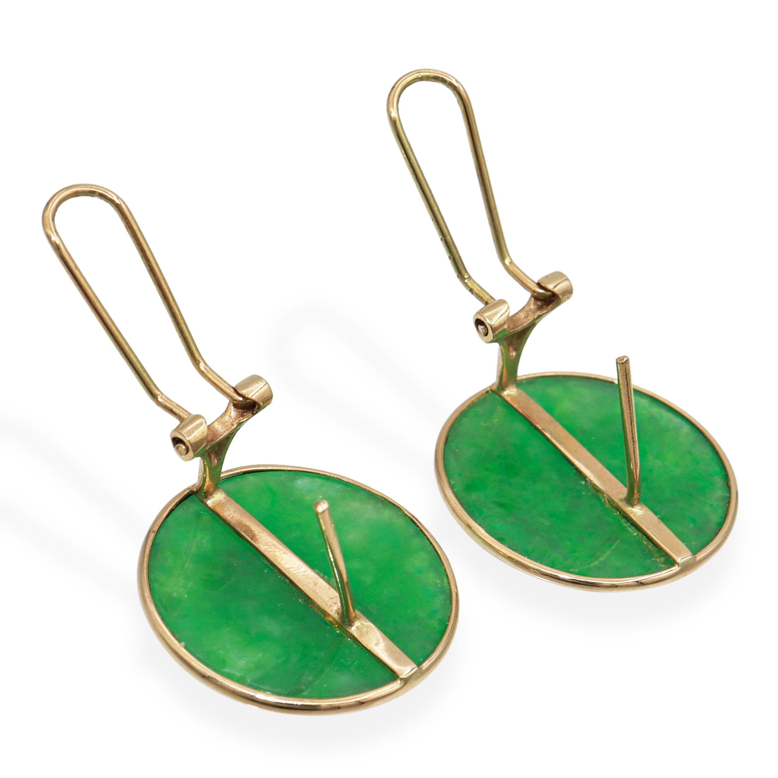 Vintage 14K Yellow Gold Green Jade Donut Earrings