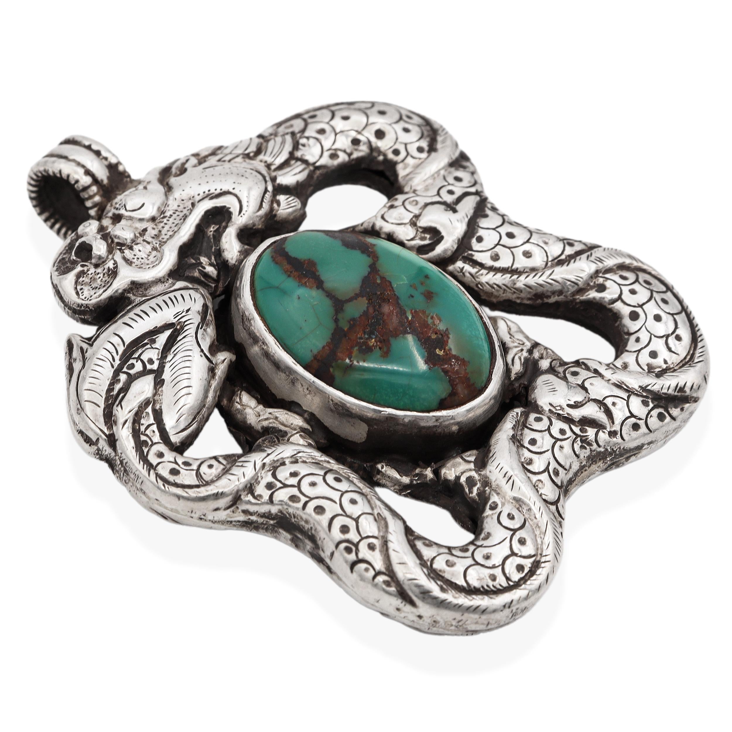 Antique Tibetan Sterling Silver Turquoise Dragon Pendant