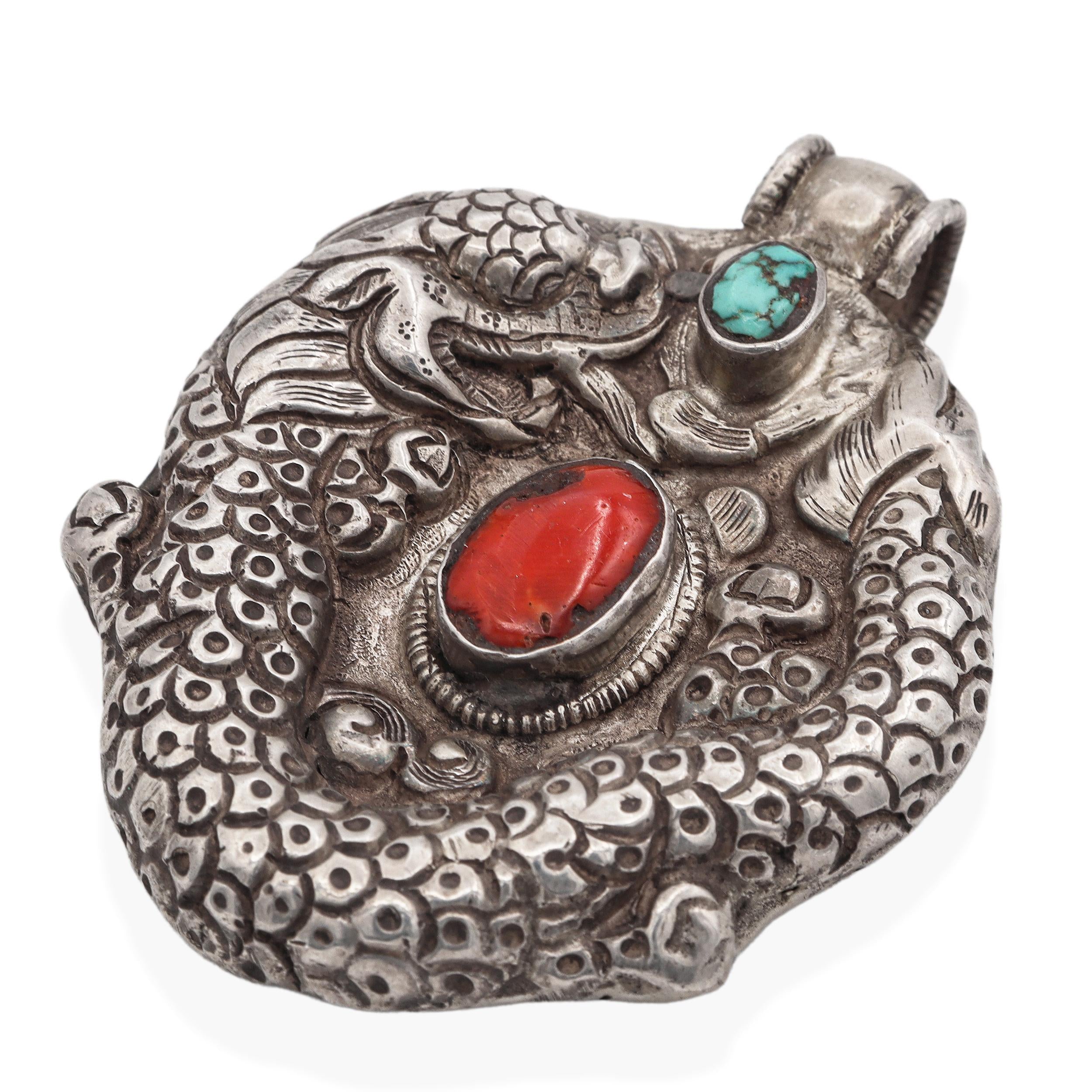 Antique Tibetan Sterling Silver Turquoise & Red Coral Dragon Pendant