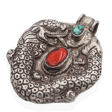 Antique Tibetan Sterling Silver Turquoise & Red Coral Dragon Pendant