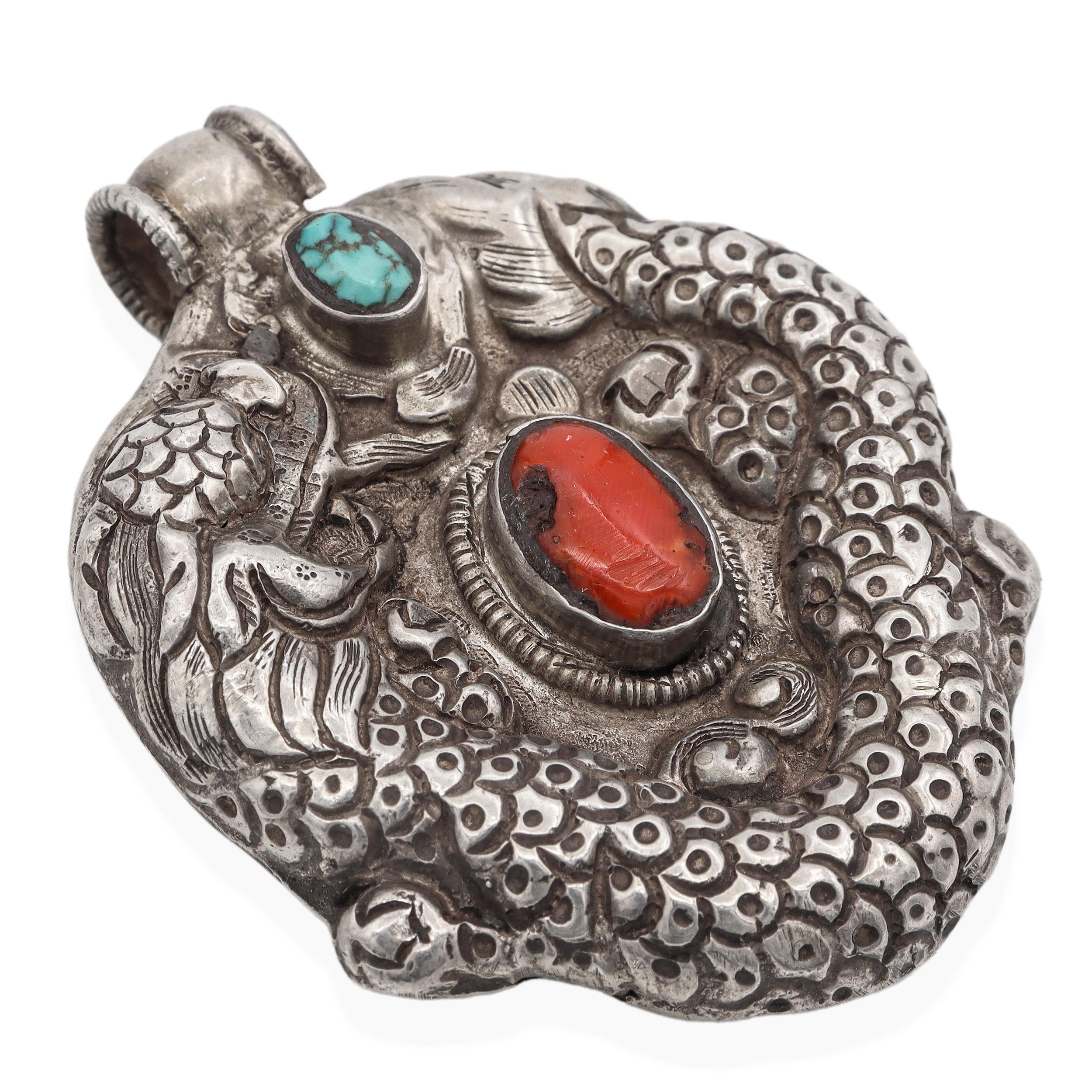 Antique Tibetan Sterling Silver Turquoise & Red Coral Dragon Pendant