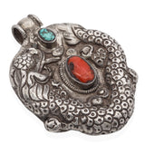 Antique Tibetan Sterling Silver Turquoise & Red Coral Dragon Pendant