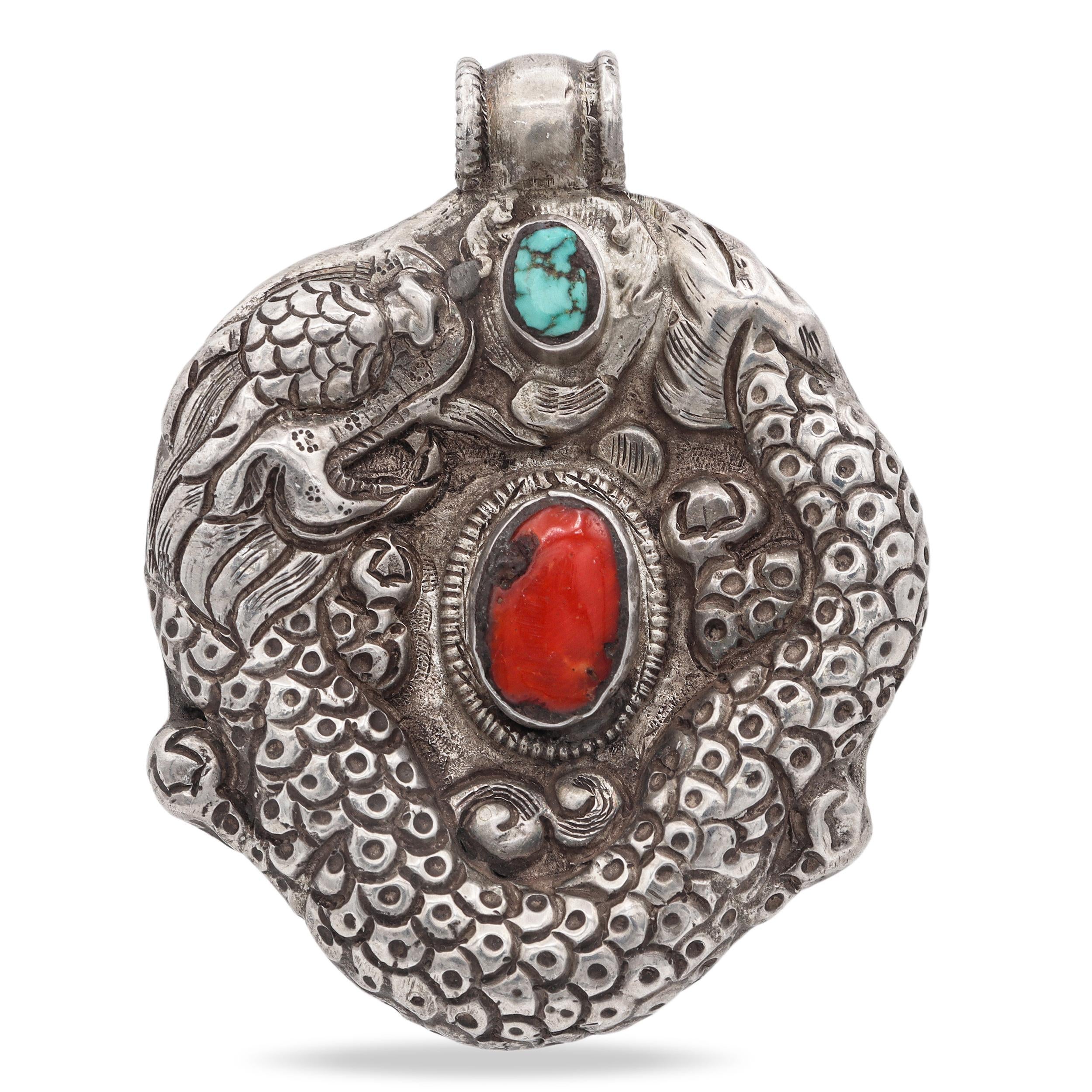 Antique Tibetan Sterling Silver Turquoise & Red Coral Dragon Pendant