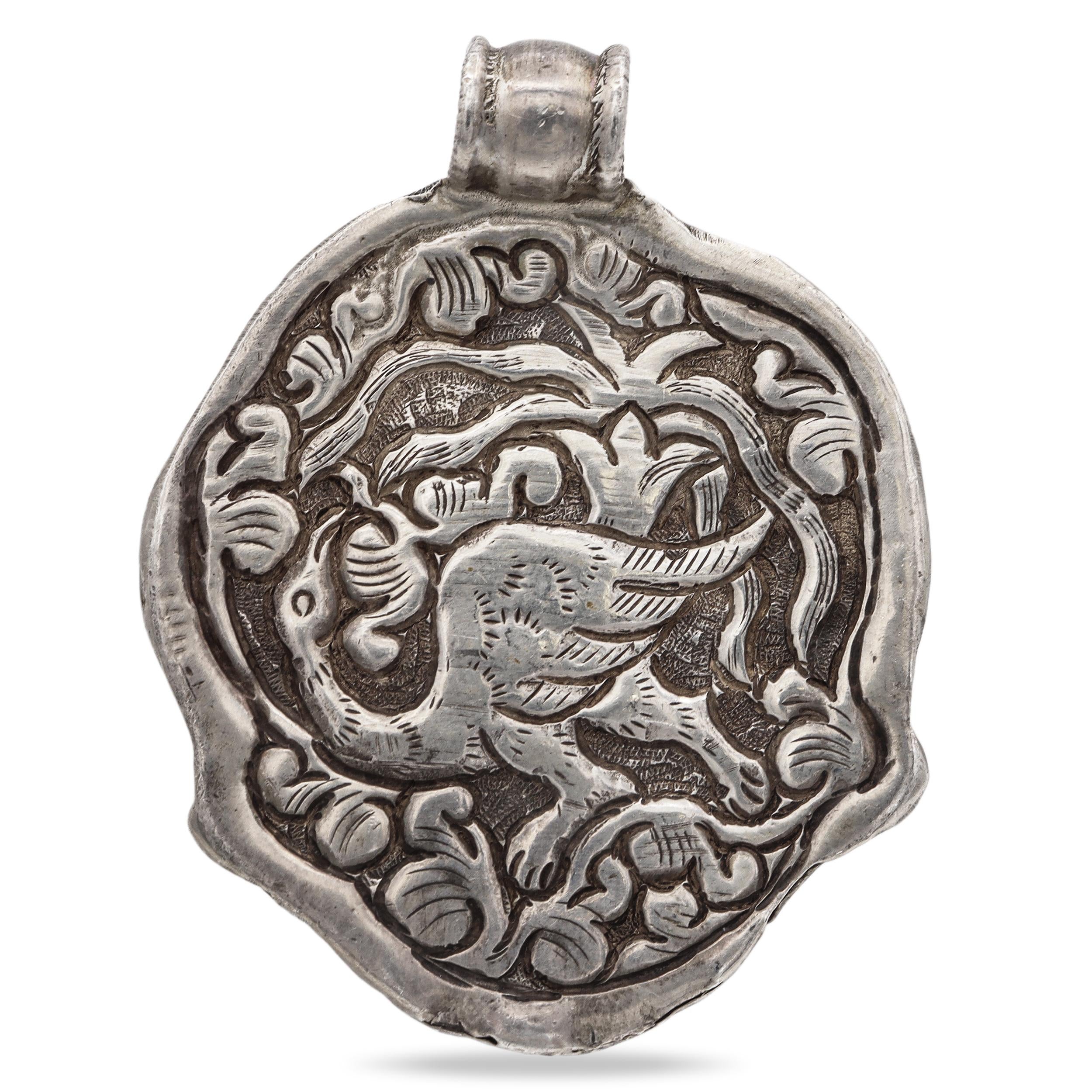 Antique Tibetan Sterling Silver Turquoise & Red Coral Dragon Pendant