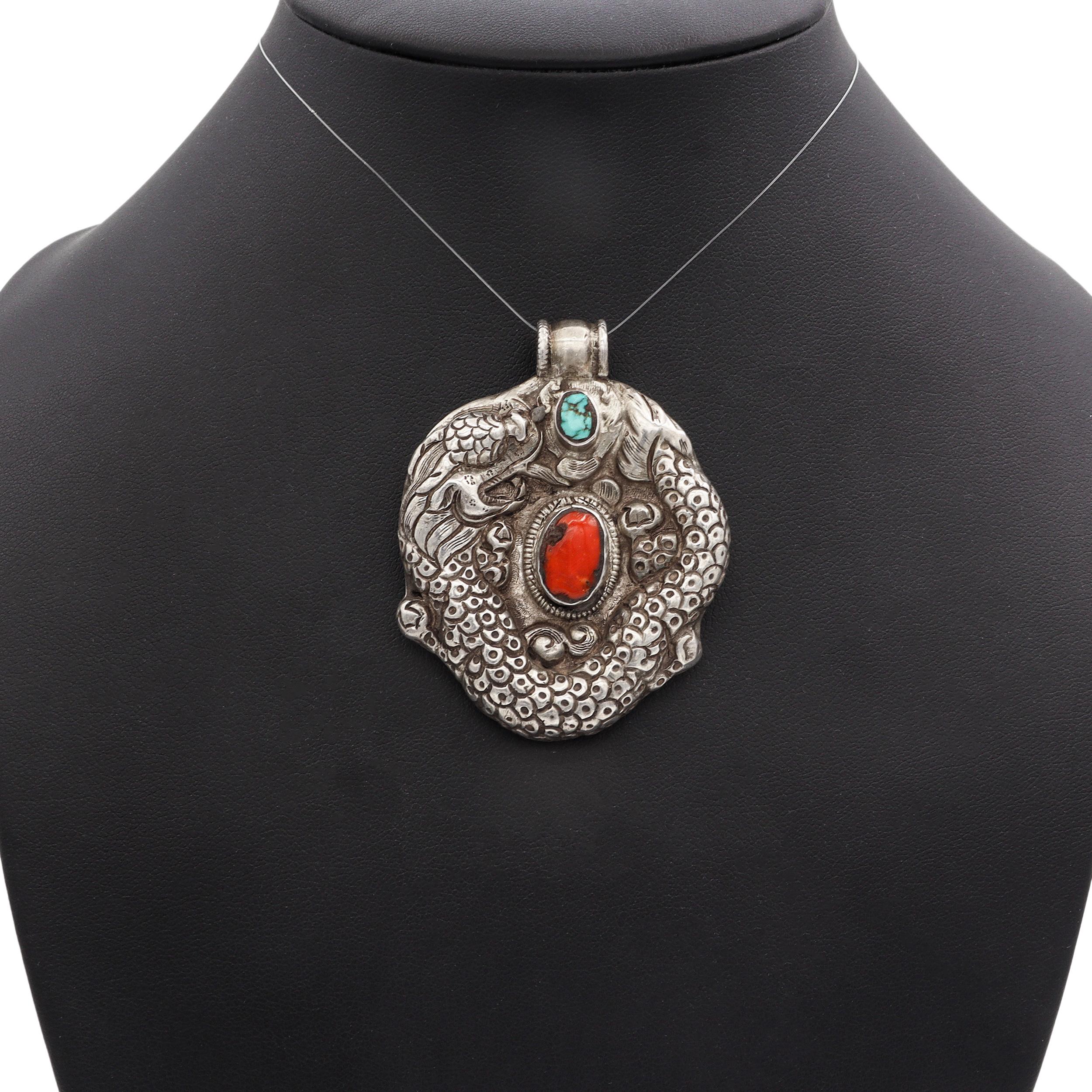 Antique Tibetan Sterling Silver Turquoise & Red Coral Dragon Pendant