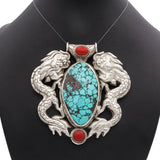 Antique Tibetan Sterling Silver Turquoise & Coral Dragon Large Pendant