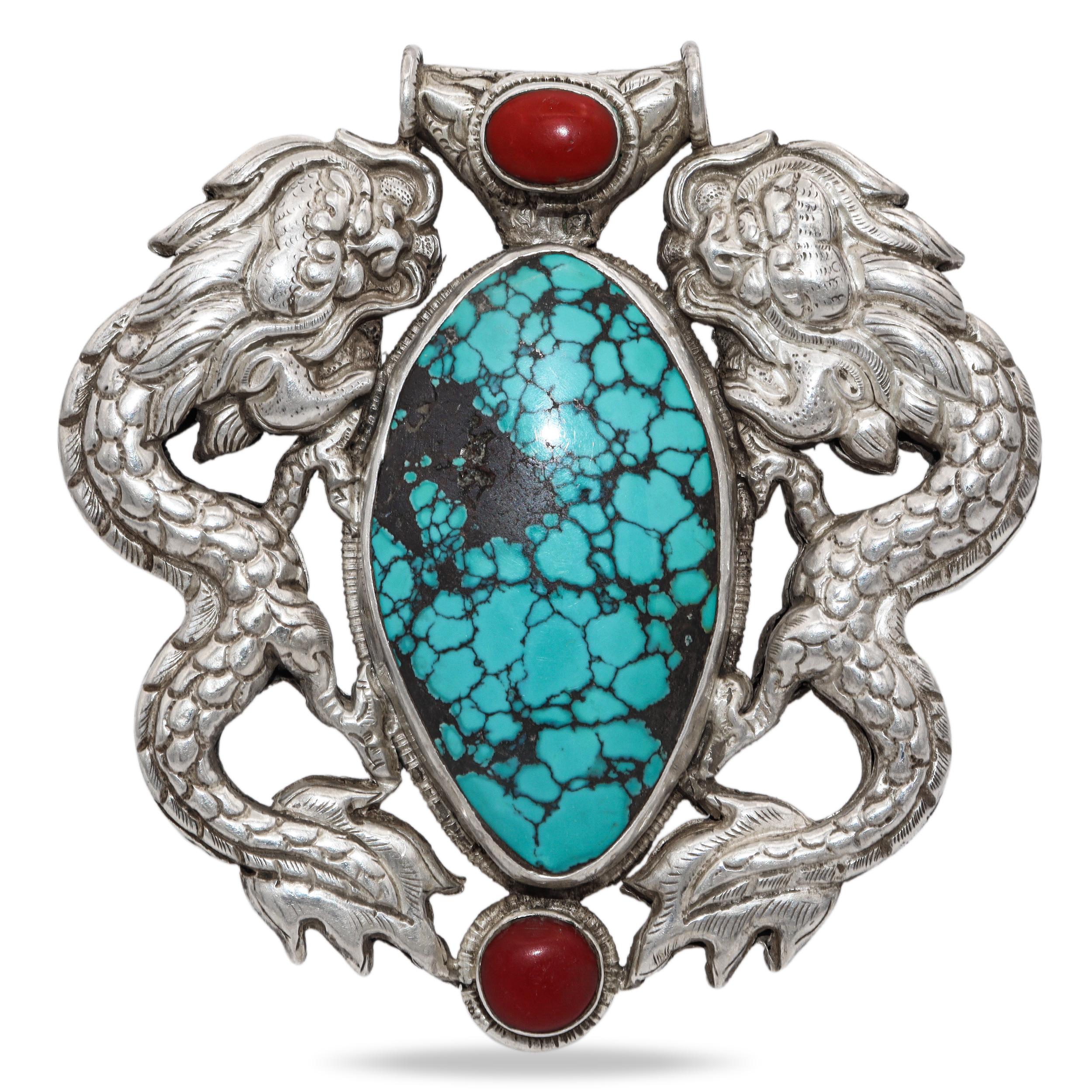 Antique Tibetan Sterling Silver Turquoise & Coral Dragon Large Pendant