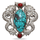 Antique Tibetan Sterling Silver Turquoise & Coral Dragon Large Pendant