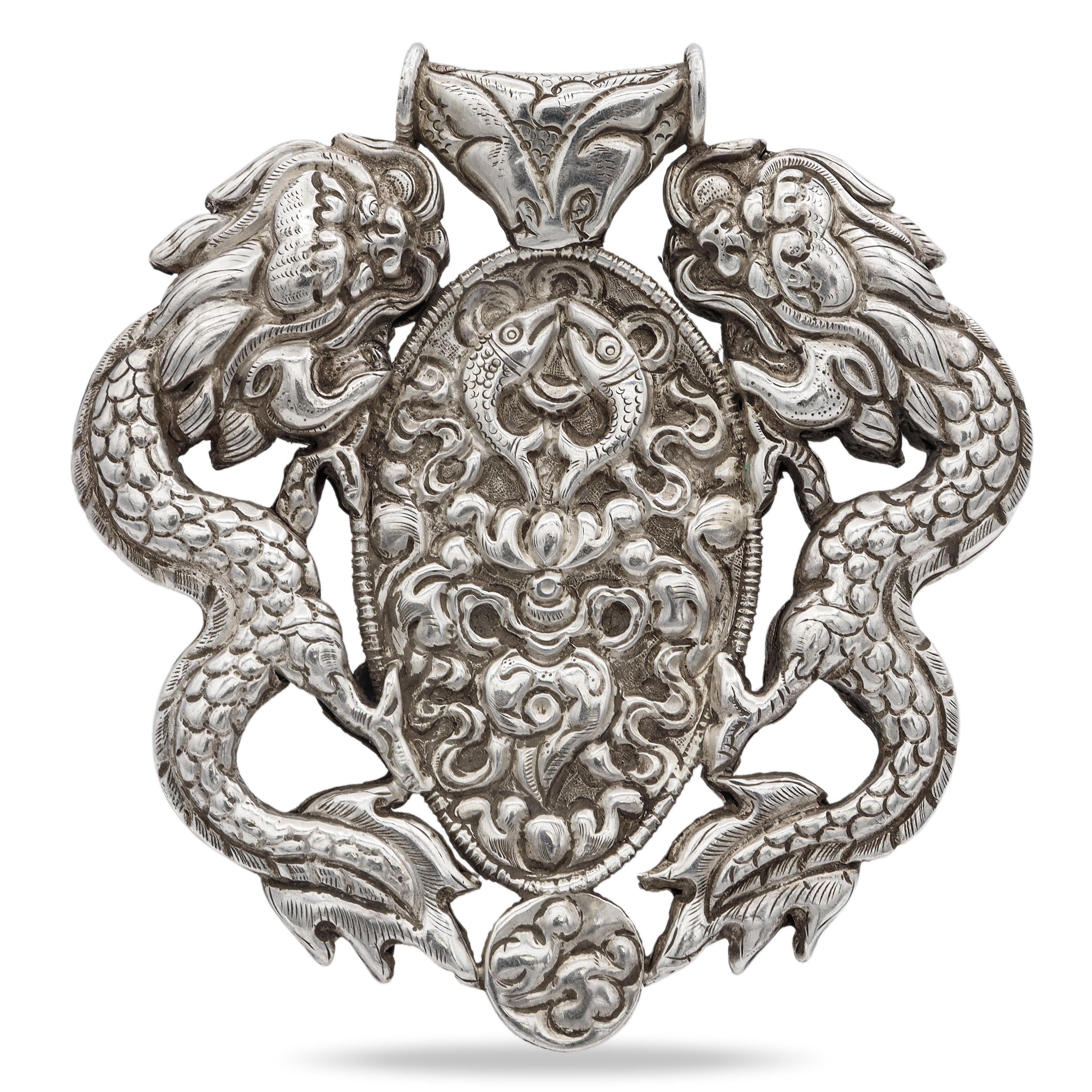 Antique Tibetan Sterling Silver Turquoise & Coral Dragon Large Pendant