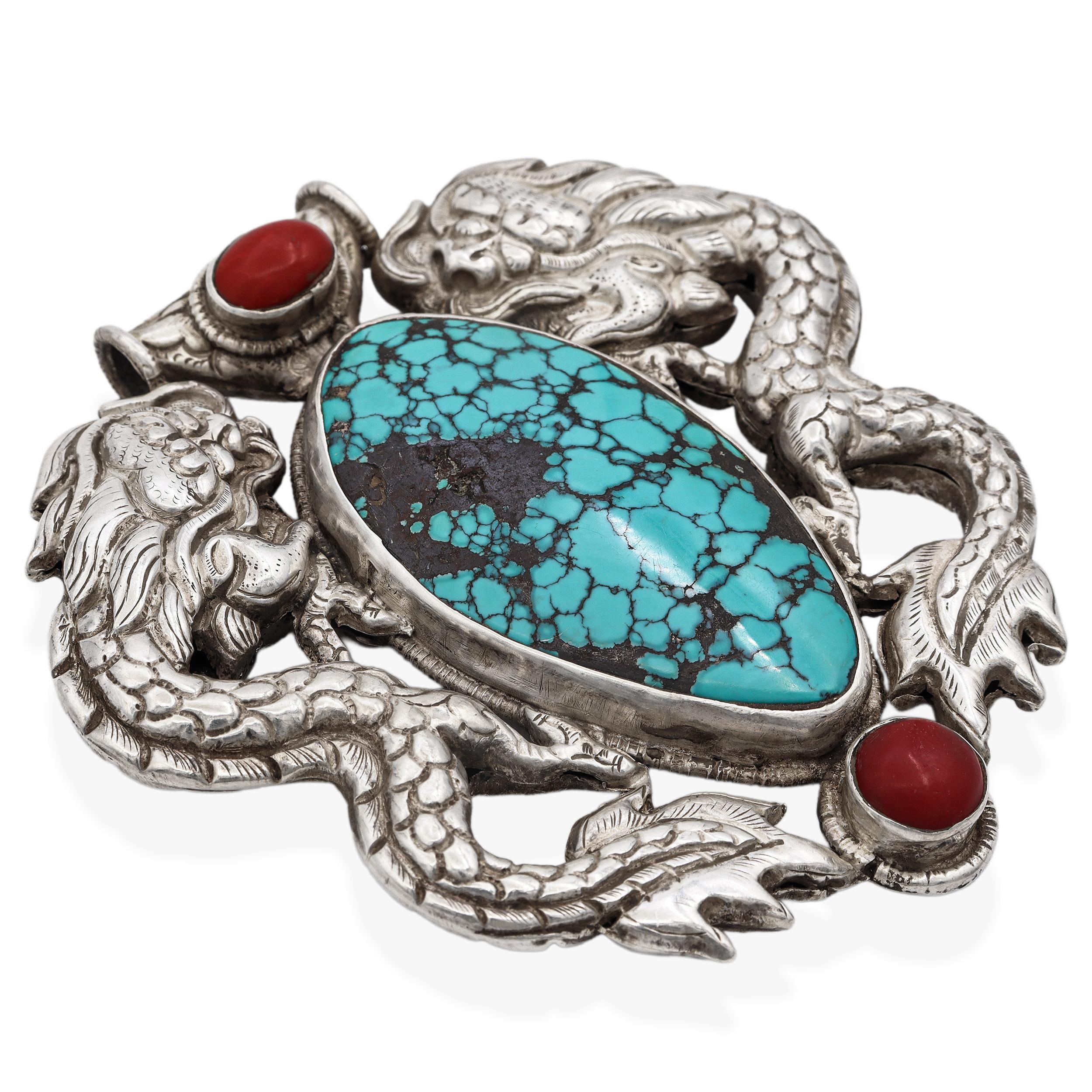 Antique Tibetan Sterling Silver Turquoise & Coral Dragon Large Pendant