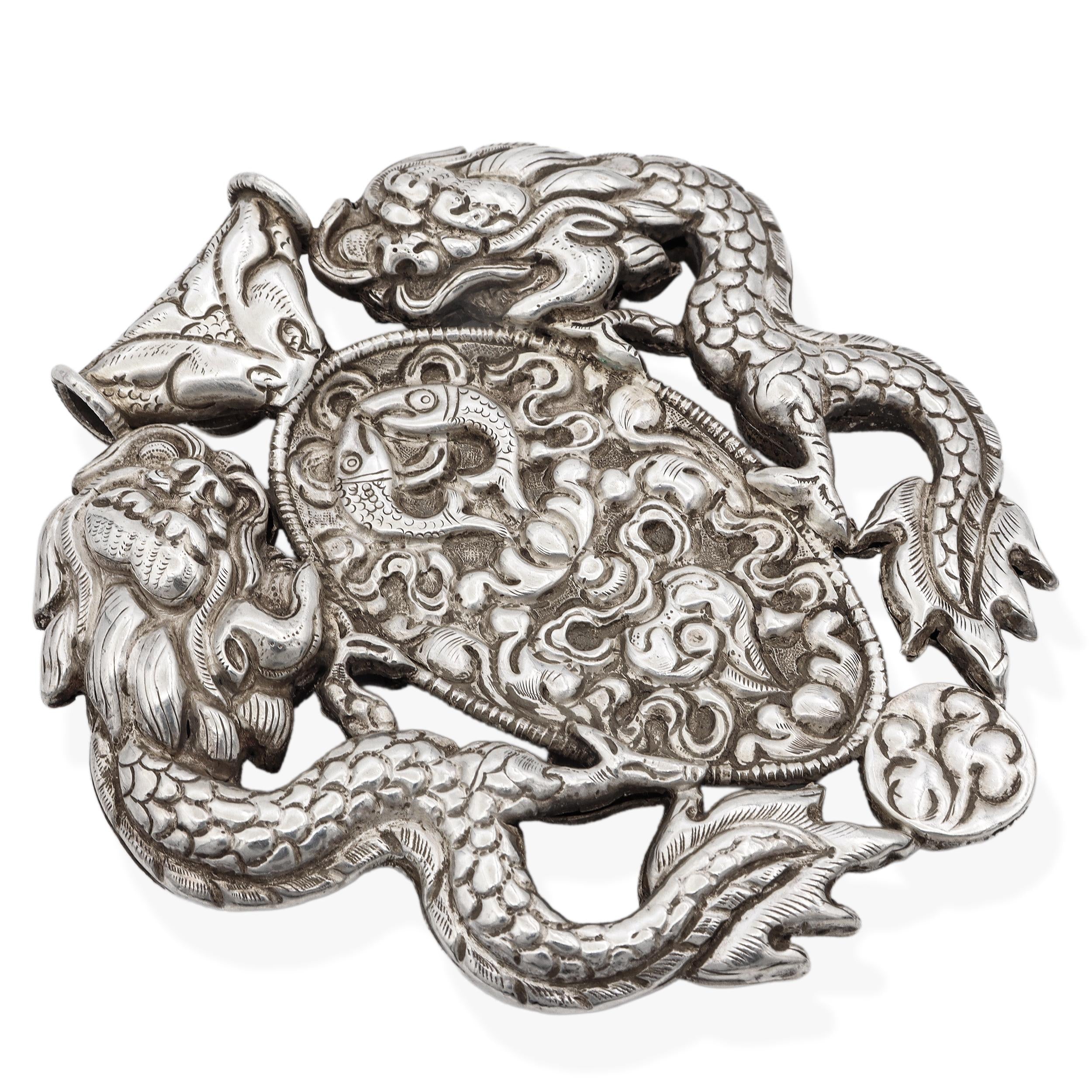 Antique Tibetan Sterling Silver Turquoise & Coral Dragon Large Pendant