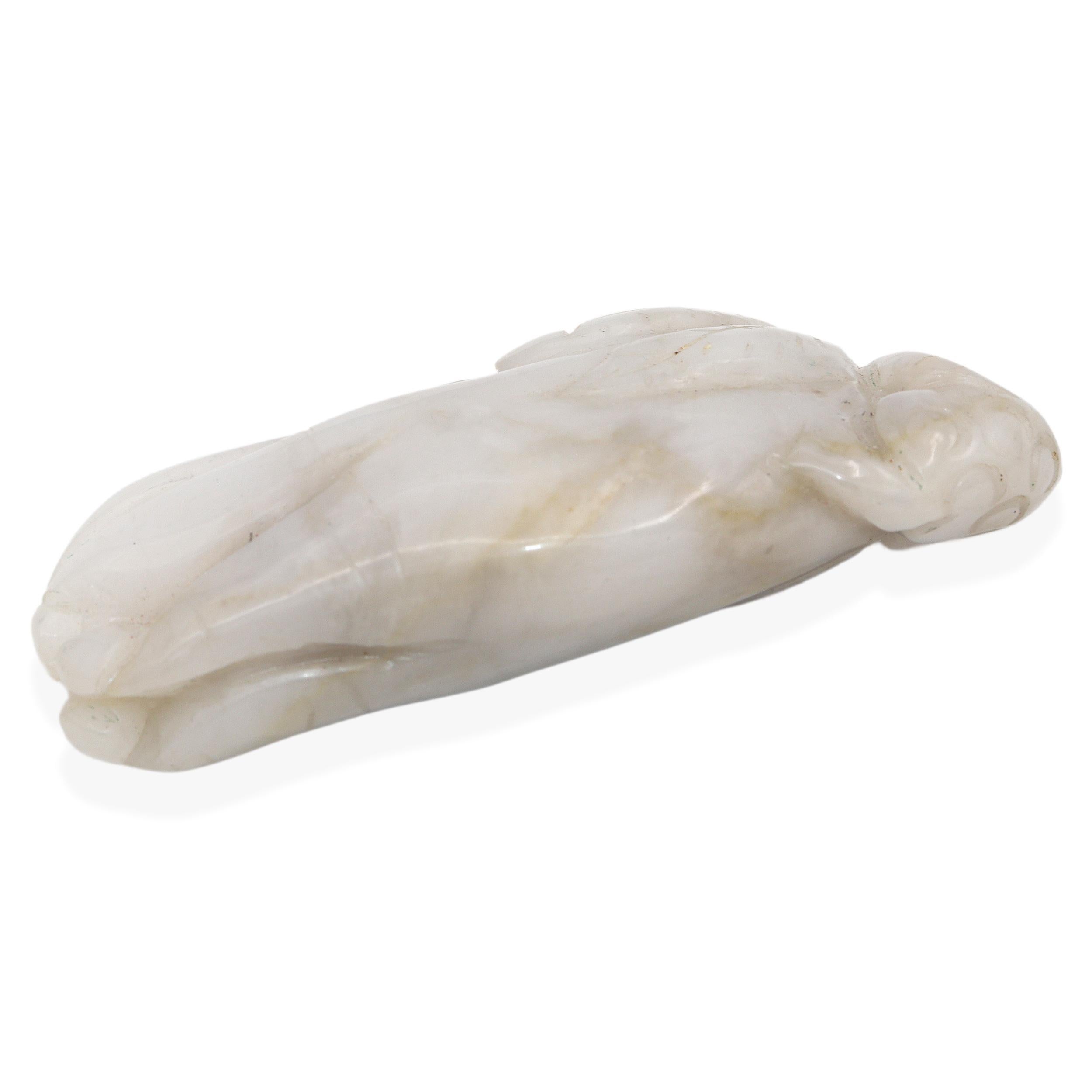 Vintage Chinese Hand Carved White Jade Mythical Creature on Finger Citron