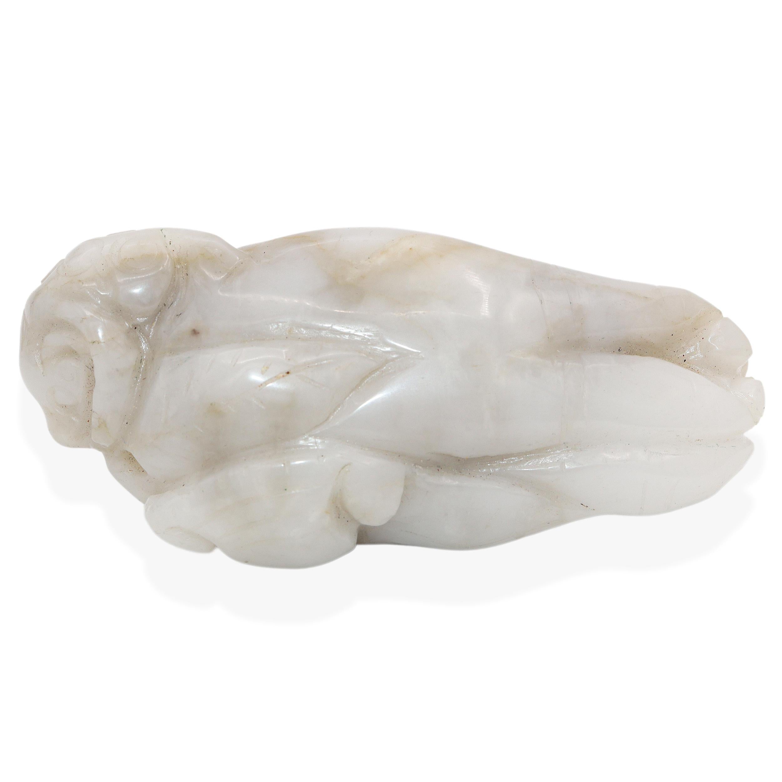 Vintage Chinese Hand Carved White Jade Mythical Creature on Finger Citron