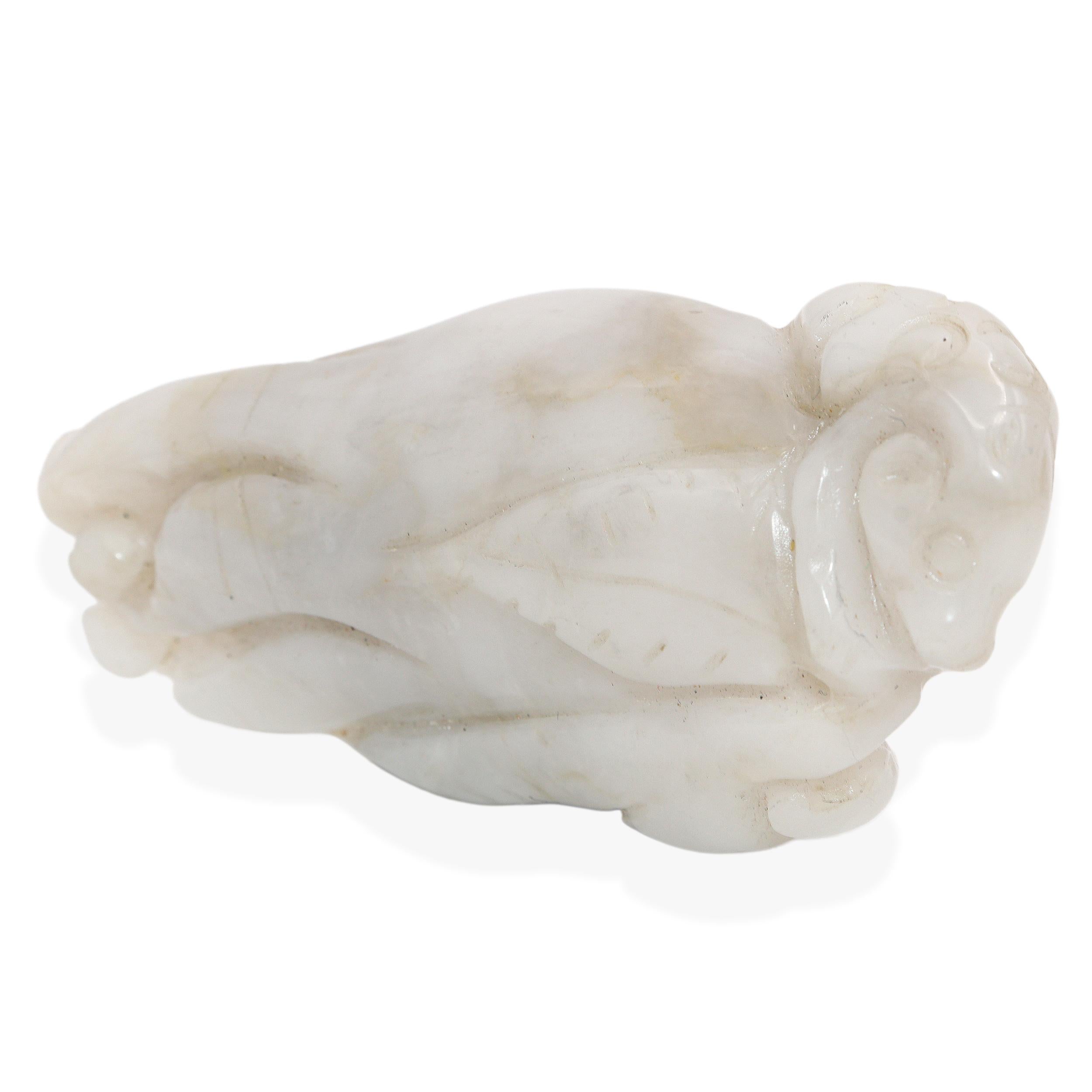 Vintage Chinese Hand Carved White Jade Mythical Creature on Finger Citron