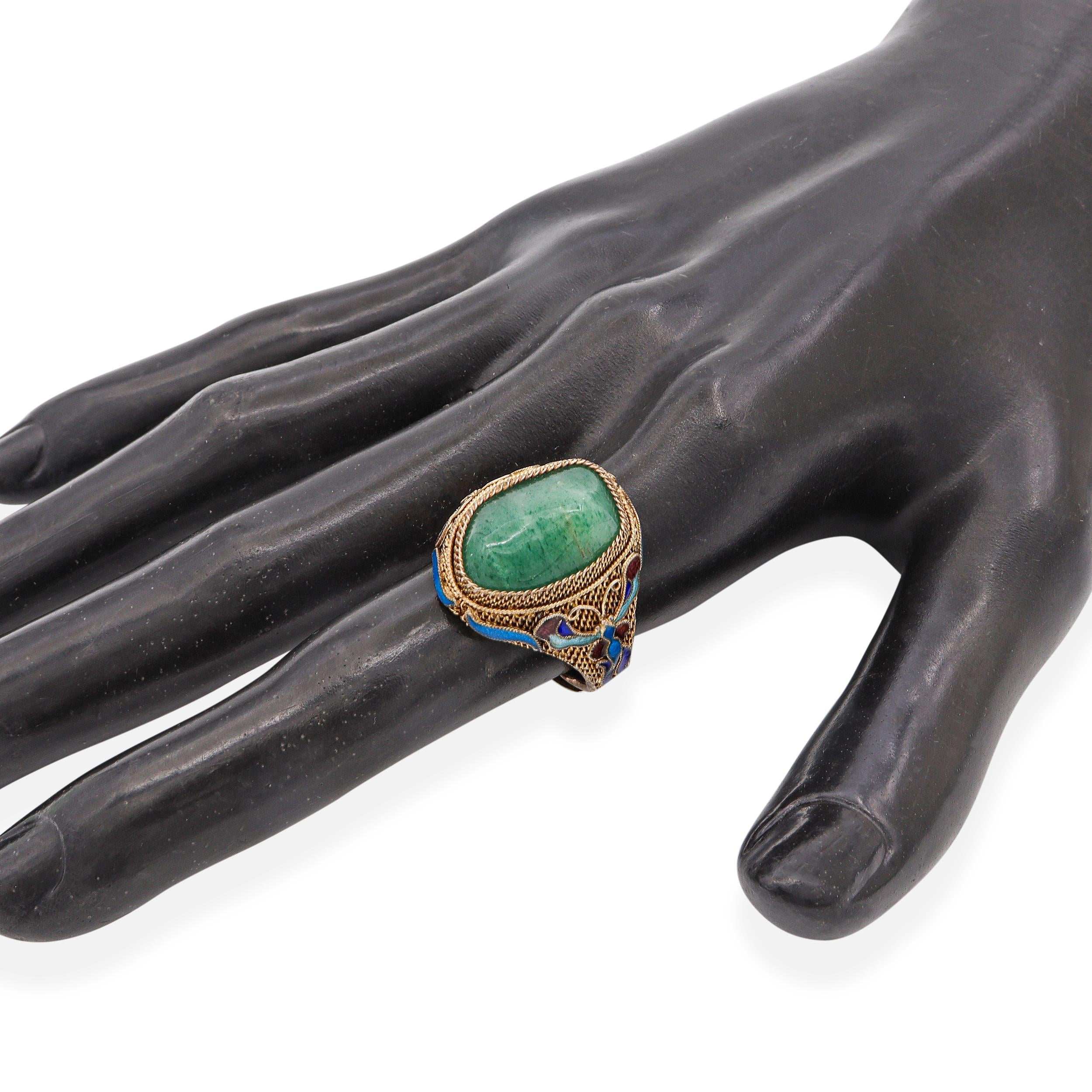 Antique Chinese Export Vermeil Silver Aventurine Enamel Filigree Ring