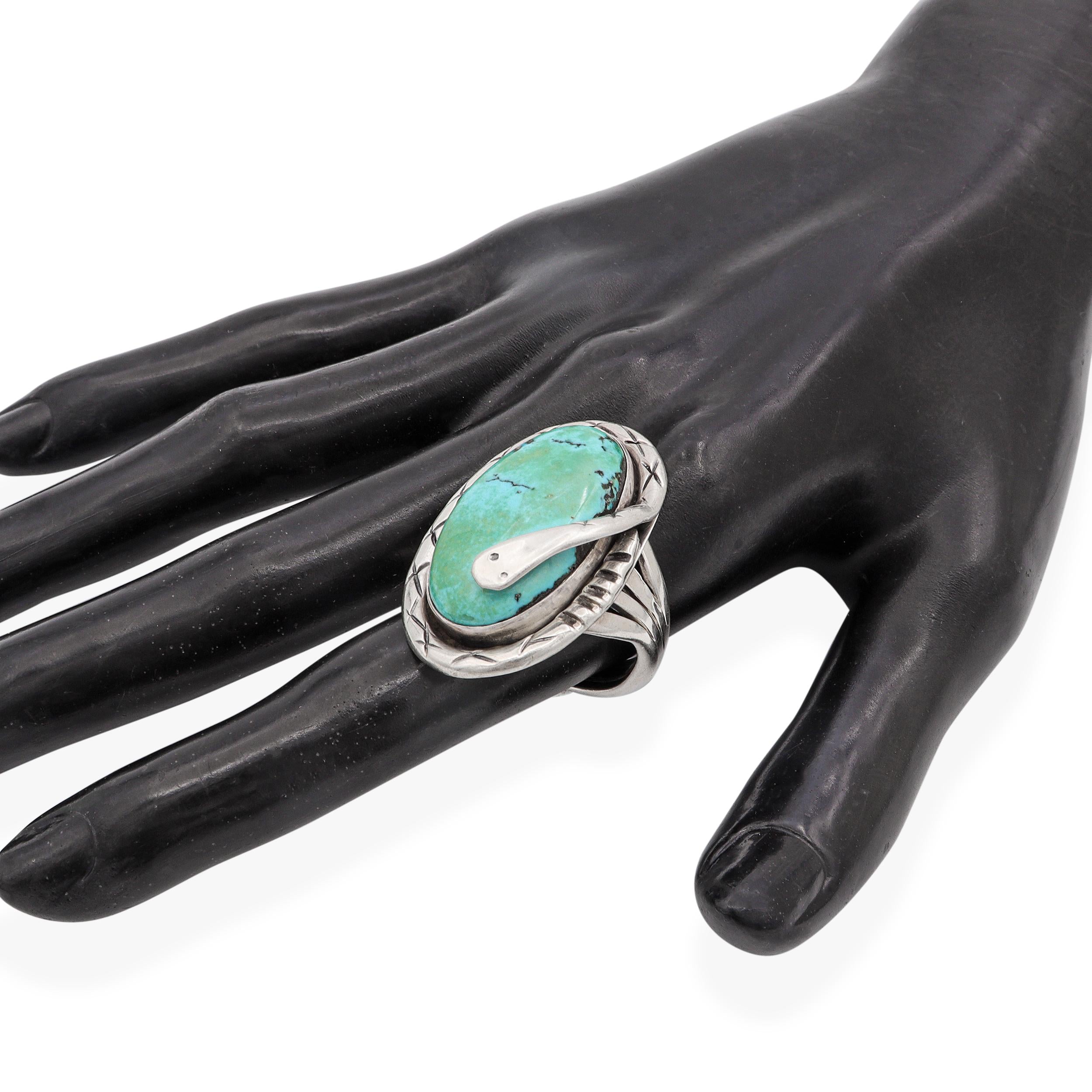 Vintage Native American Sterling Silver Turquoise Snake Statement Ring