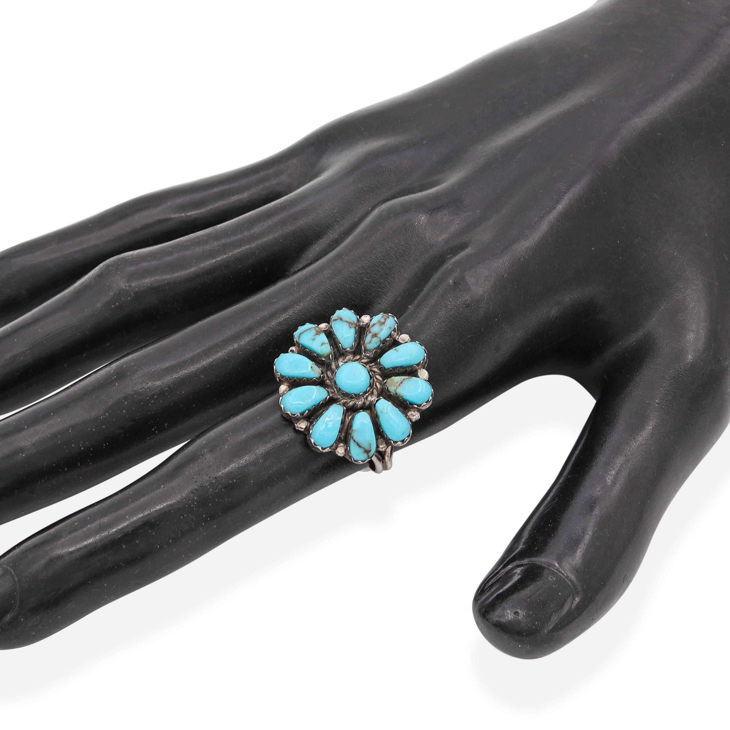 Vintage Native American LW Signed Sterling Silver Turquoise Flower Ring