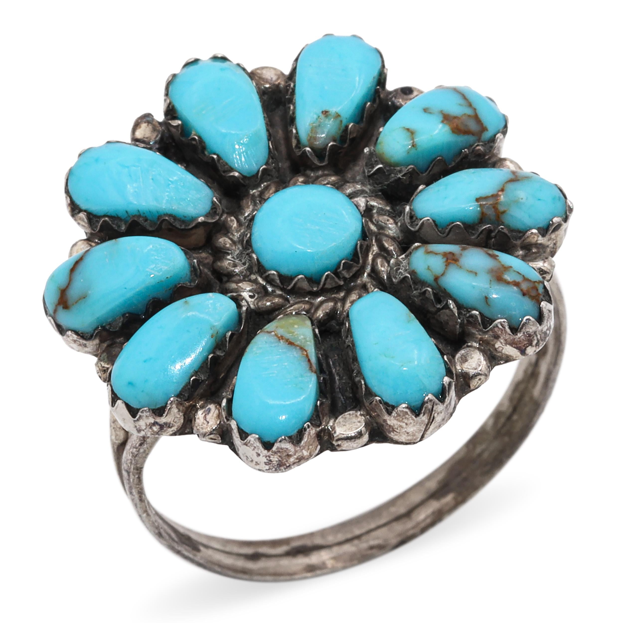 Vintage Native American LW Signed Sterling Silver Turquoise Flower Ring