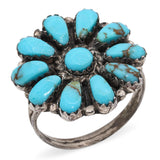 Vintage Native American LW Signed Sterling Silver Turquoise Flower Ring