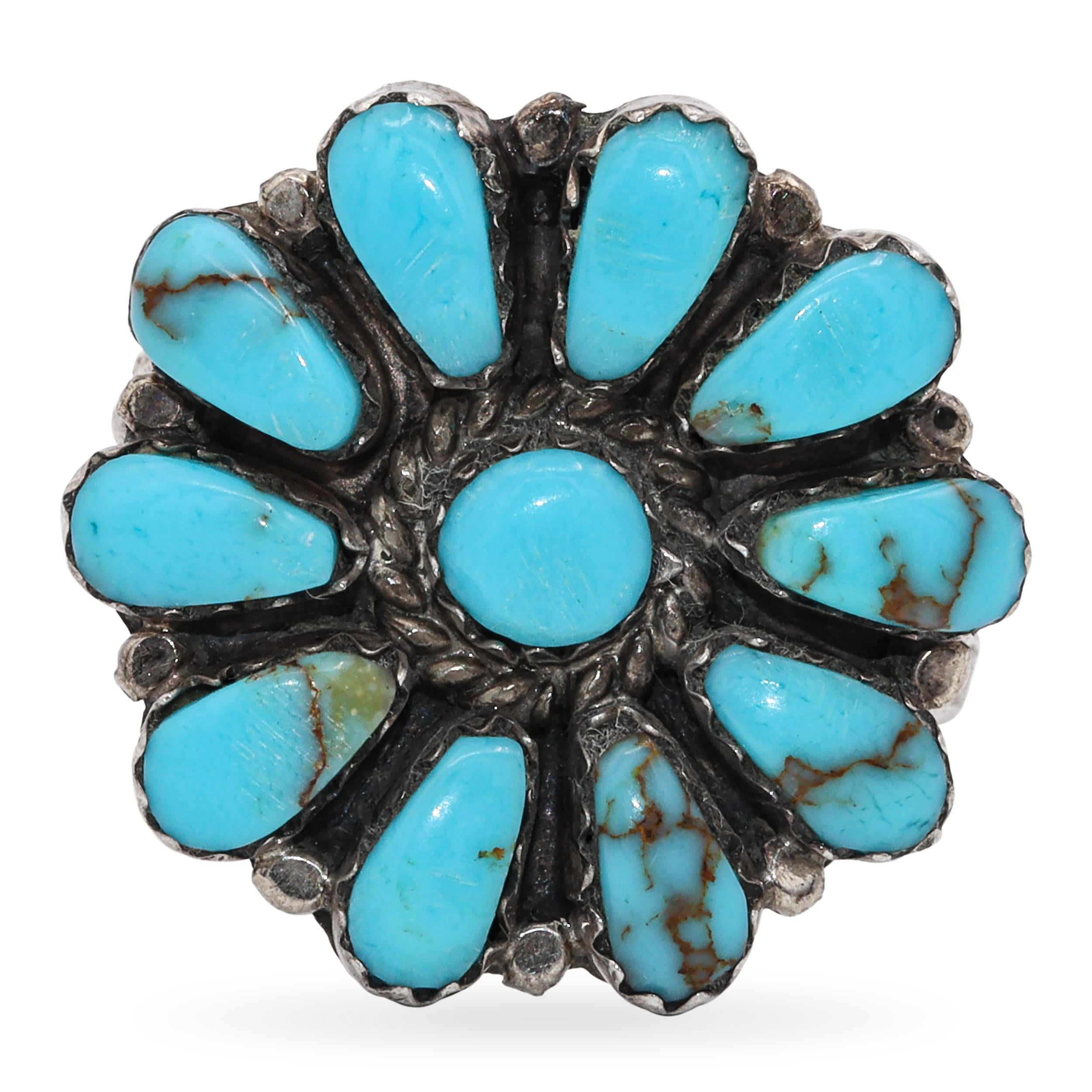 Vintage Native American LW Signed Sterling Silver Turquoise Flower Ring